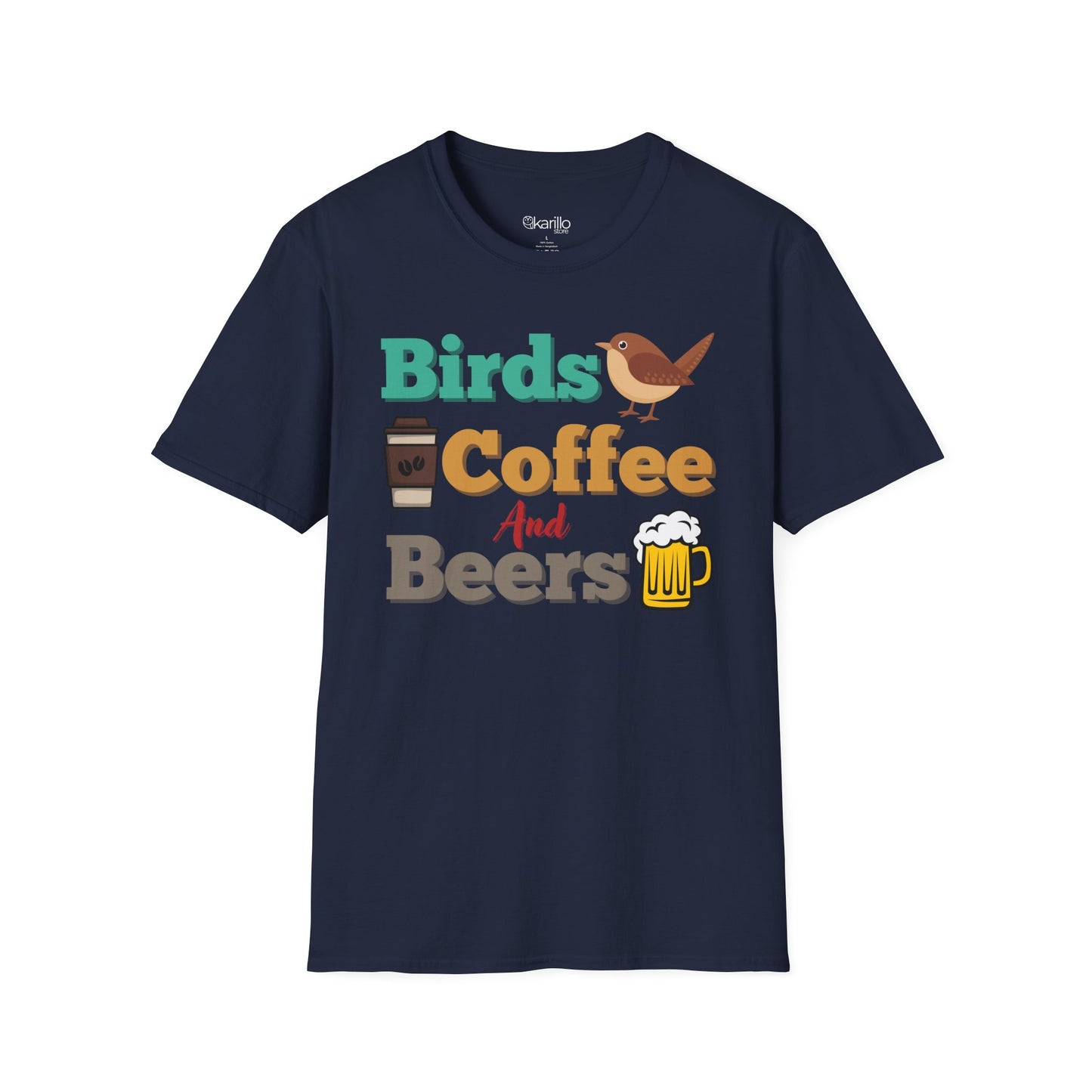 Front view of Birds Coffee and Beers Unisex T-Shirt navy blue color Graphic Tee for Birdwatchers