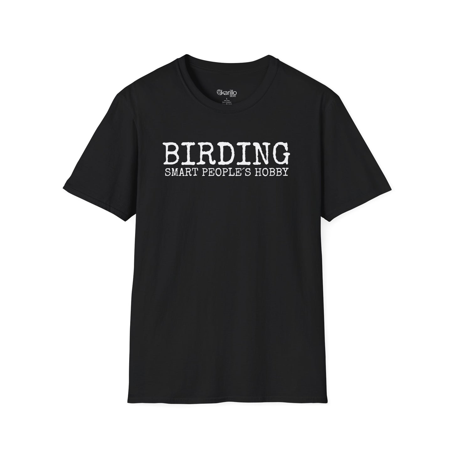 Front view black t-shirt with 'BIRDING SMART PEOPLE'S HOBBY' text on a white background