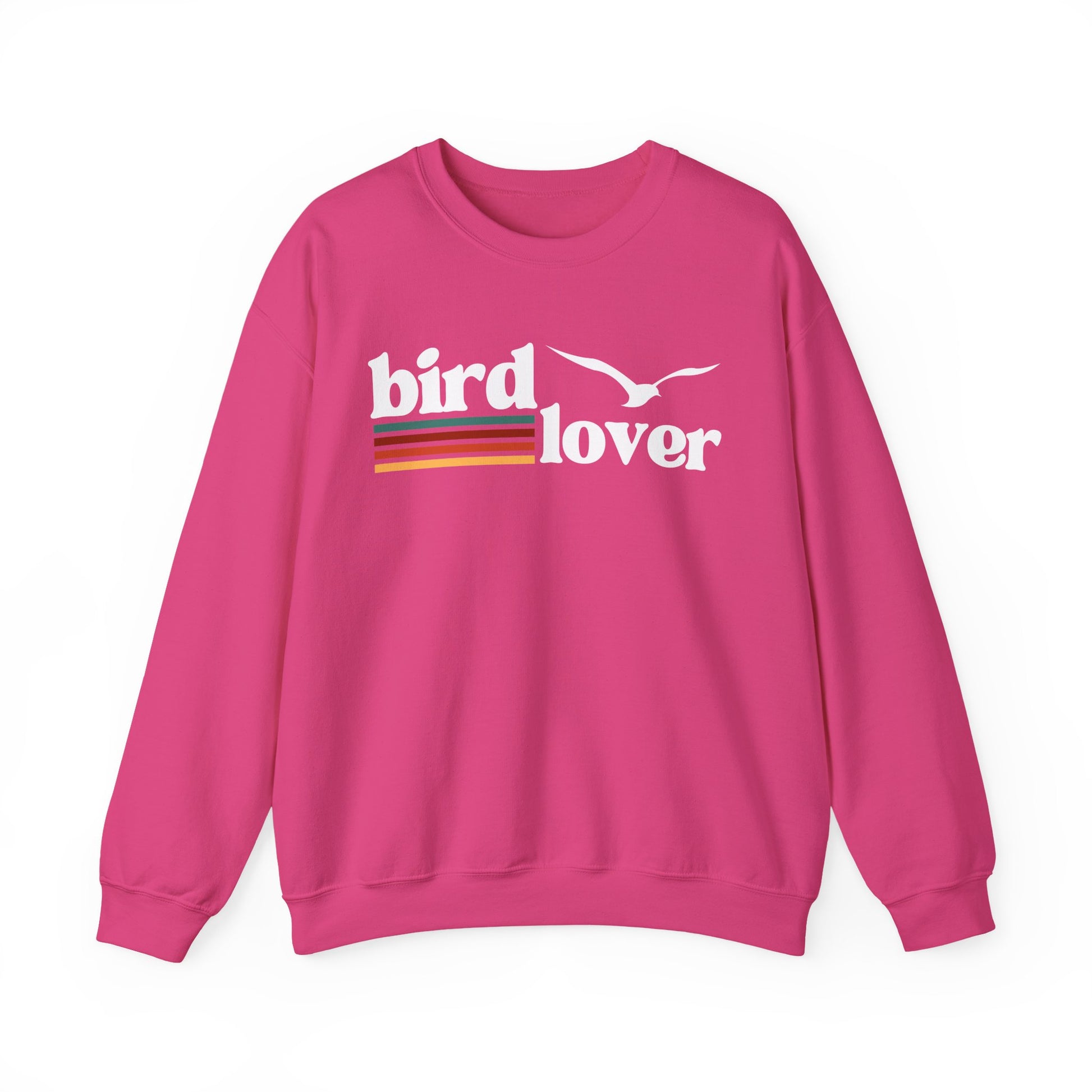 Pink sweatshirt with 'bird lover' text and bird graphic, colored lines, on a white background