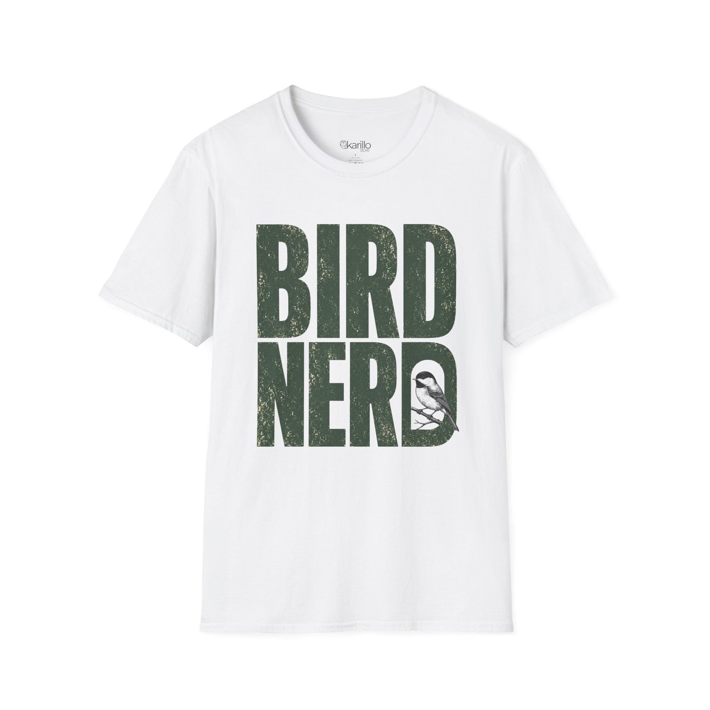 White t-shirt with 'BIRD NERD' text in dark green on a white background