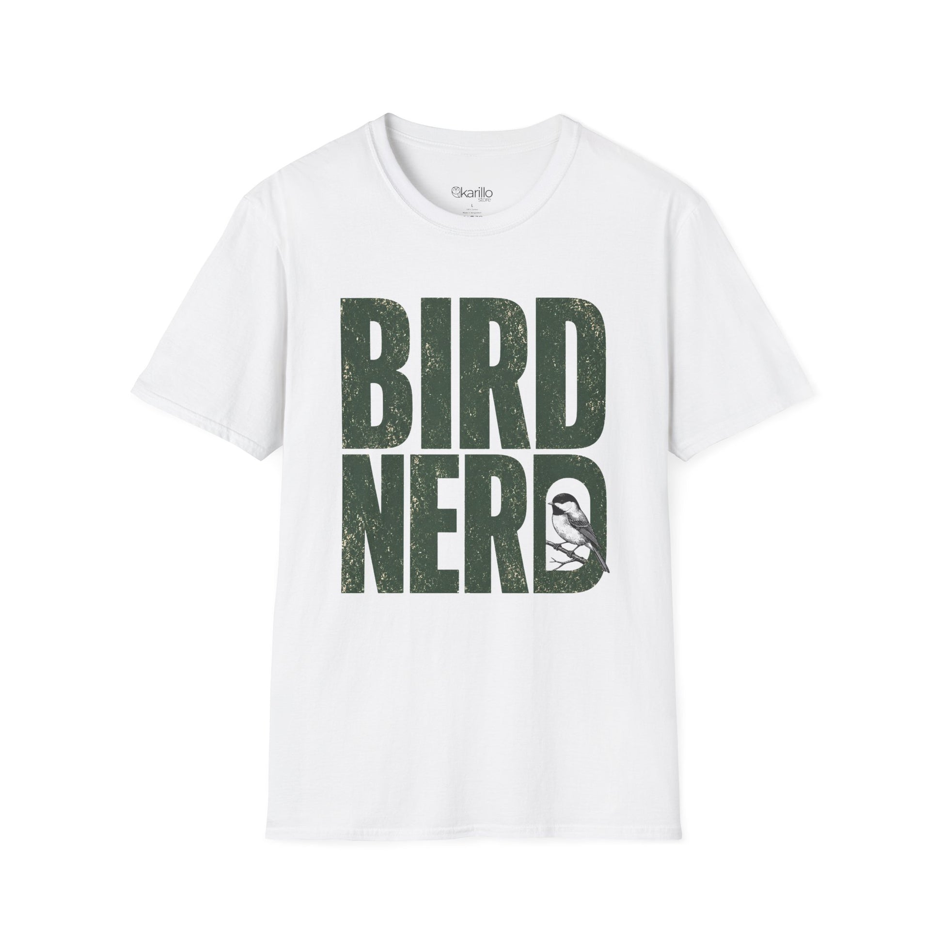 White t-shirt with 'BIRD NERD' text in dark green on a white background