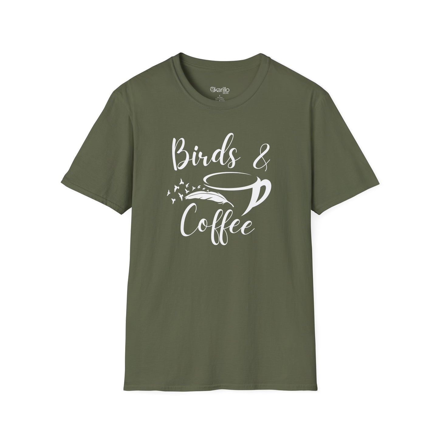 Green t-shirt with 'Birds & Coffee' text on a white background