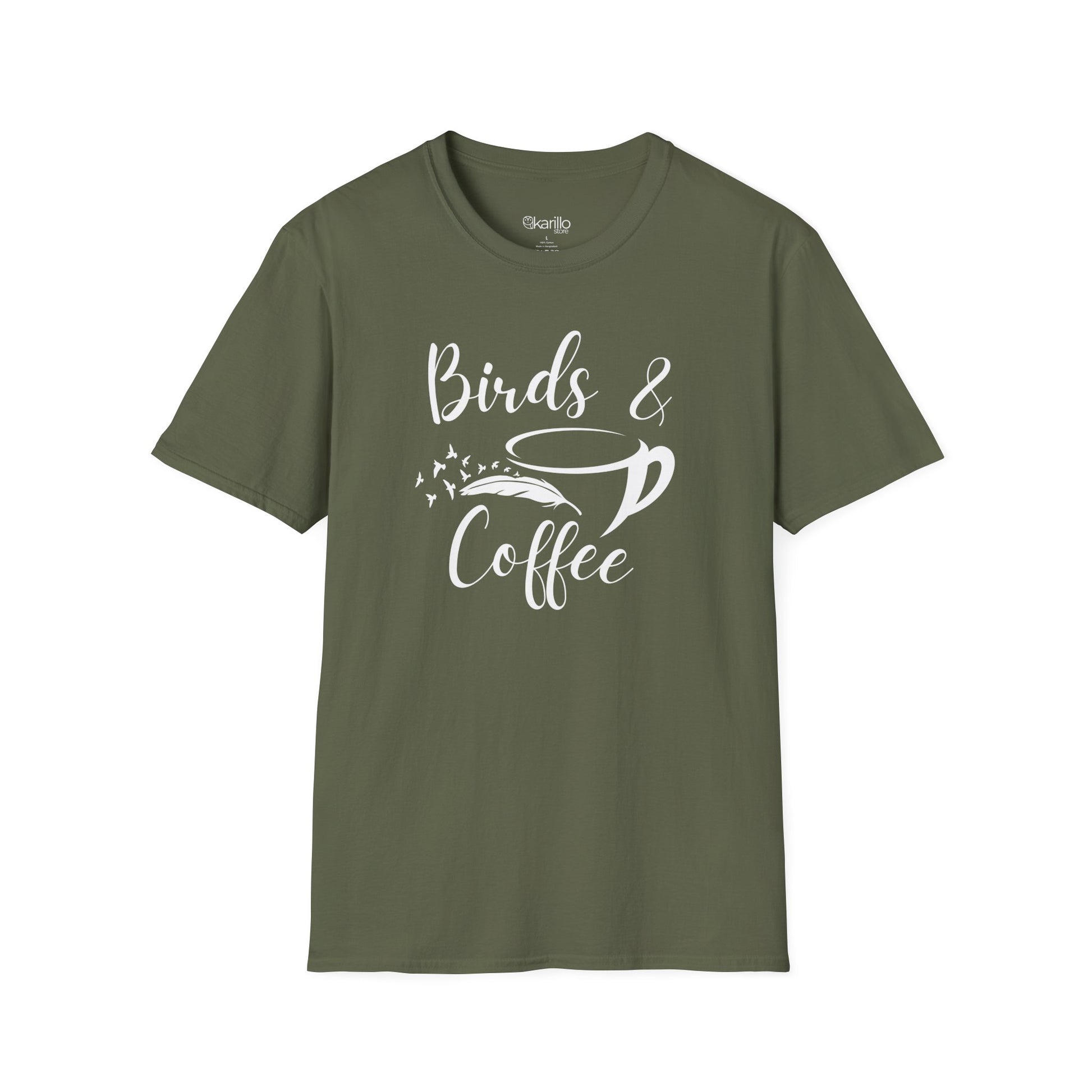 Green t-shirt with 'Birds & Coffee' text on a white background