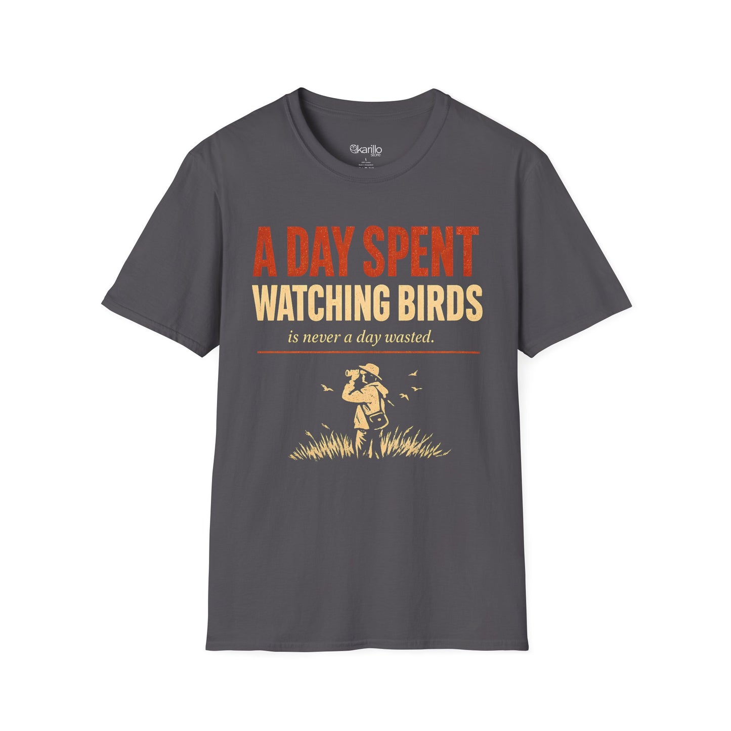 Dark charcoal color  t-shirt with text "a day spent watching birds" and birdwatcher person graphic with white background.