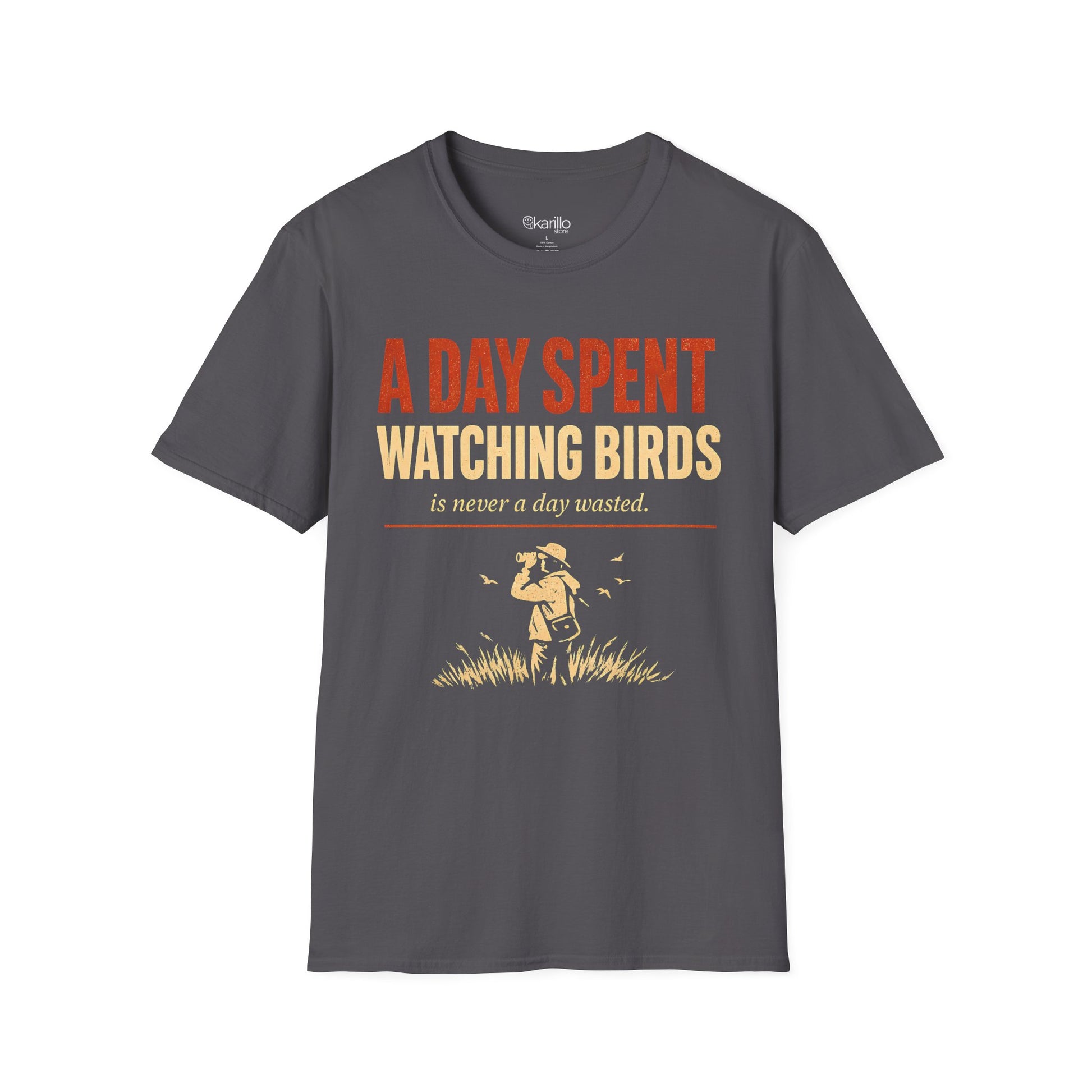 Dark charcoal color  t-shirt with text "a day spent watching birds" and birdwatcher person graphic with white background.