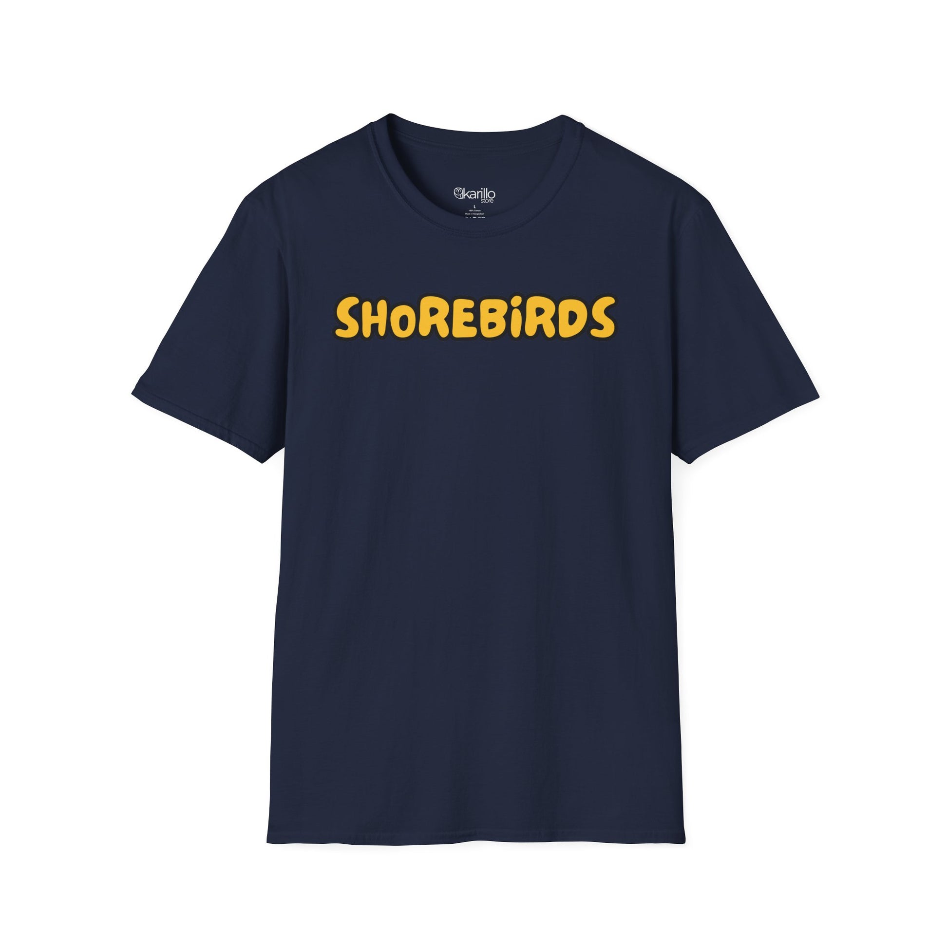 Navy blue t-shirt with 'SHOREBIRDS' text in yellow on a white background