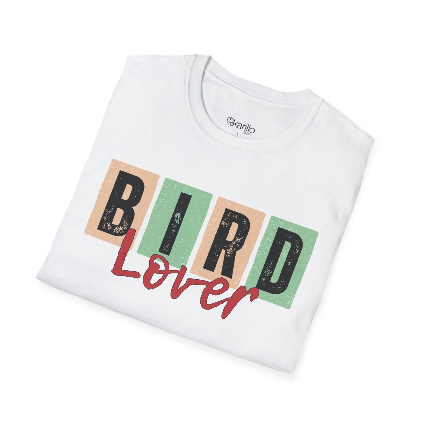 Folded view of white t-shirt with 'Bird Lover' text on a white background