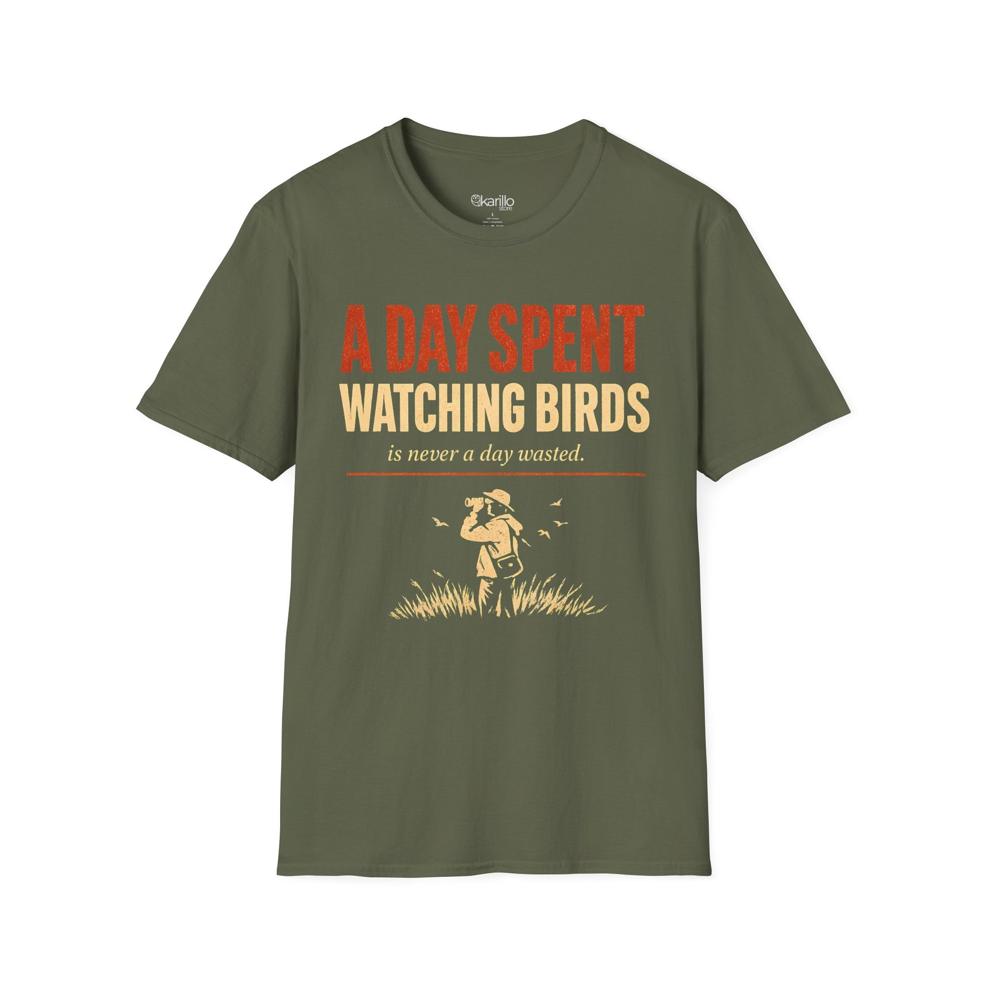 Military green color t-shirt with text "a day spent watching birds" and birdwatcher person graphic with white background.