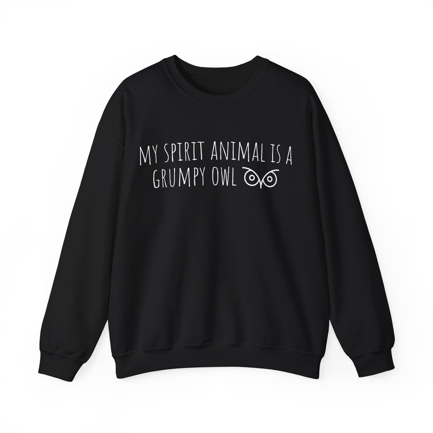 Black sweatshirt with text 'My spirit animal is a grumpy owl' on a white background