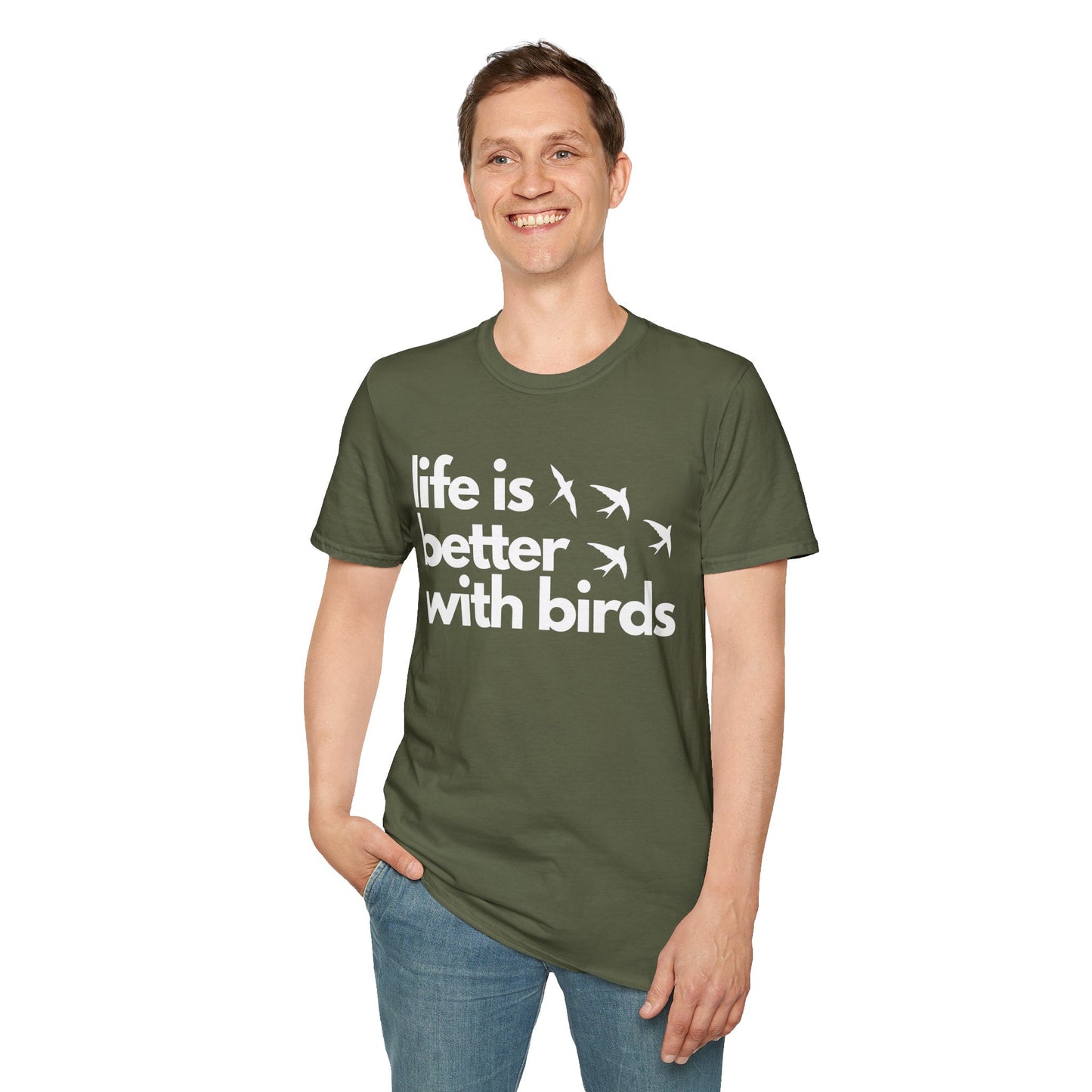Person wearing Military Green t-shirt with 'life is better with birds' text  on a white background