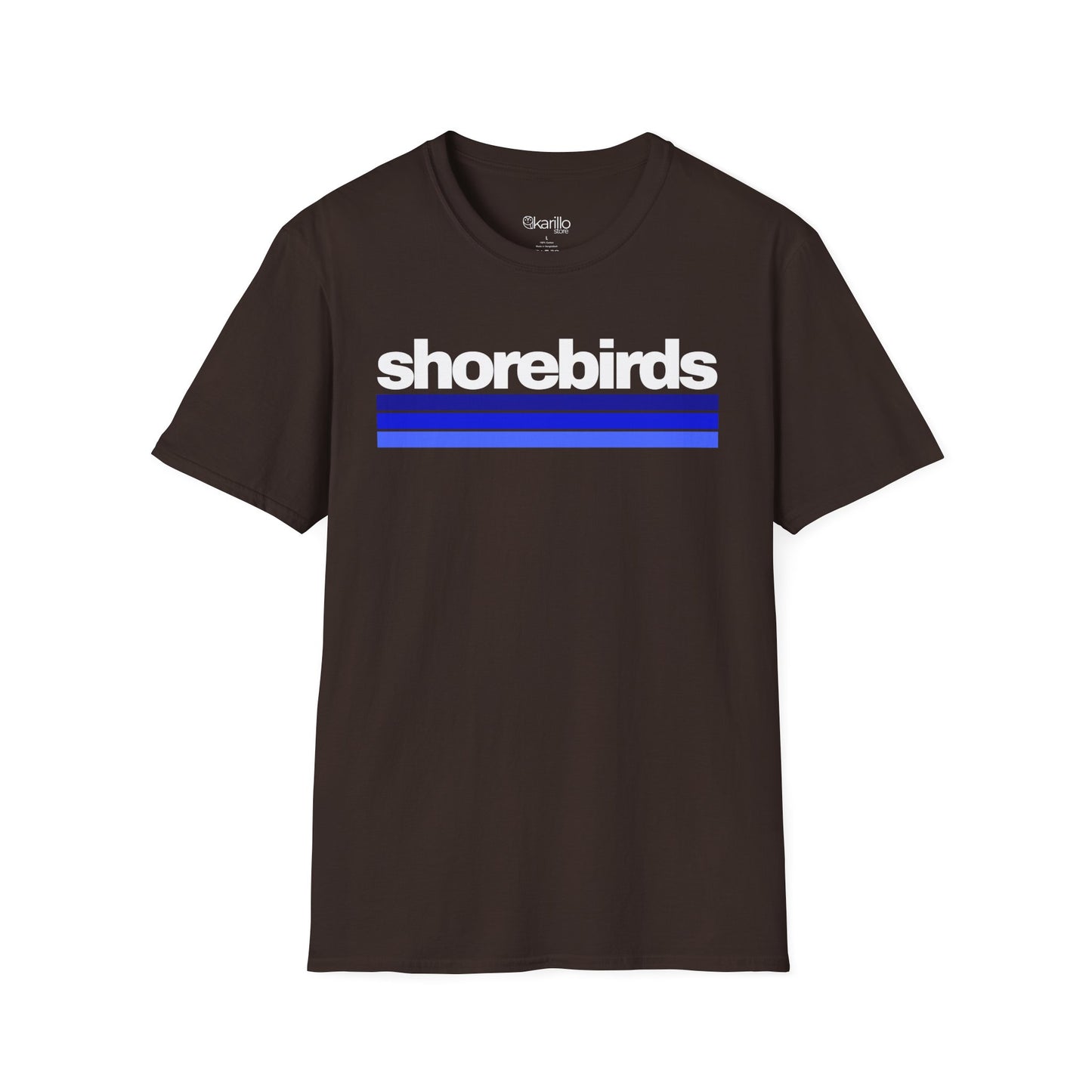 Front view of brown t-shirt with 'shorebirds' text and blue stripes on a white background
