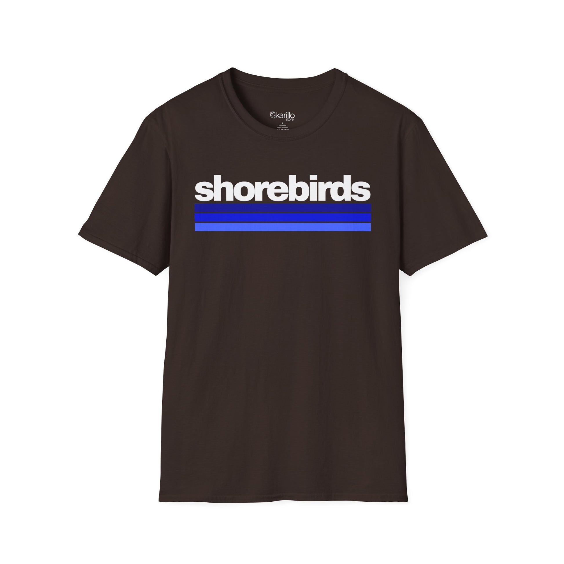 Front view of brown t-shirt with 'shorebirds' text and blue stripes on a white background