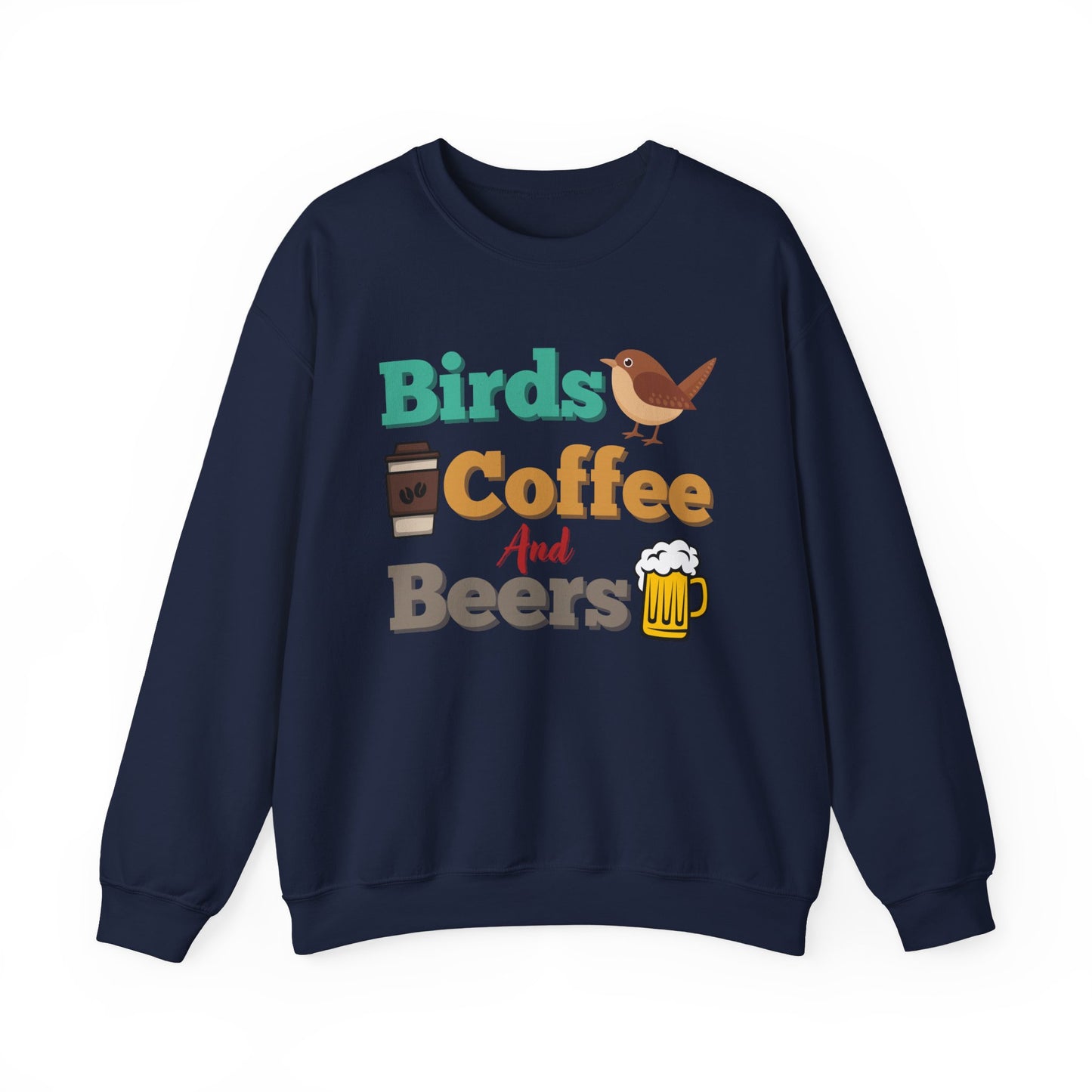 Navy blue sweatshirt with colorful "bird, coffee, beers" text and graphics on a white background