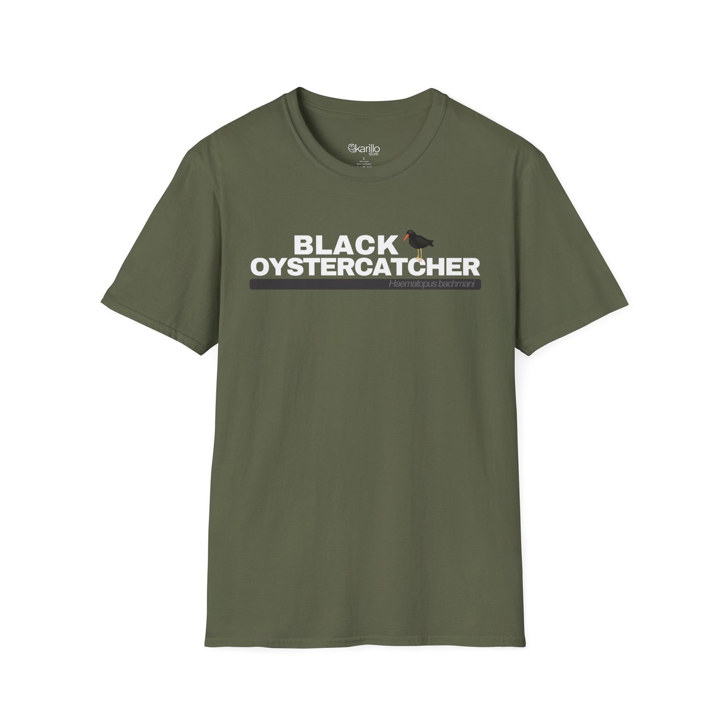 Military green t-shirt with 'Black Oystercatcher' text and logo on a white background