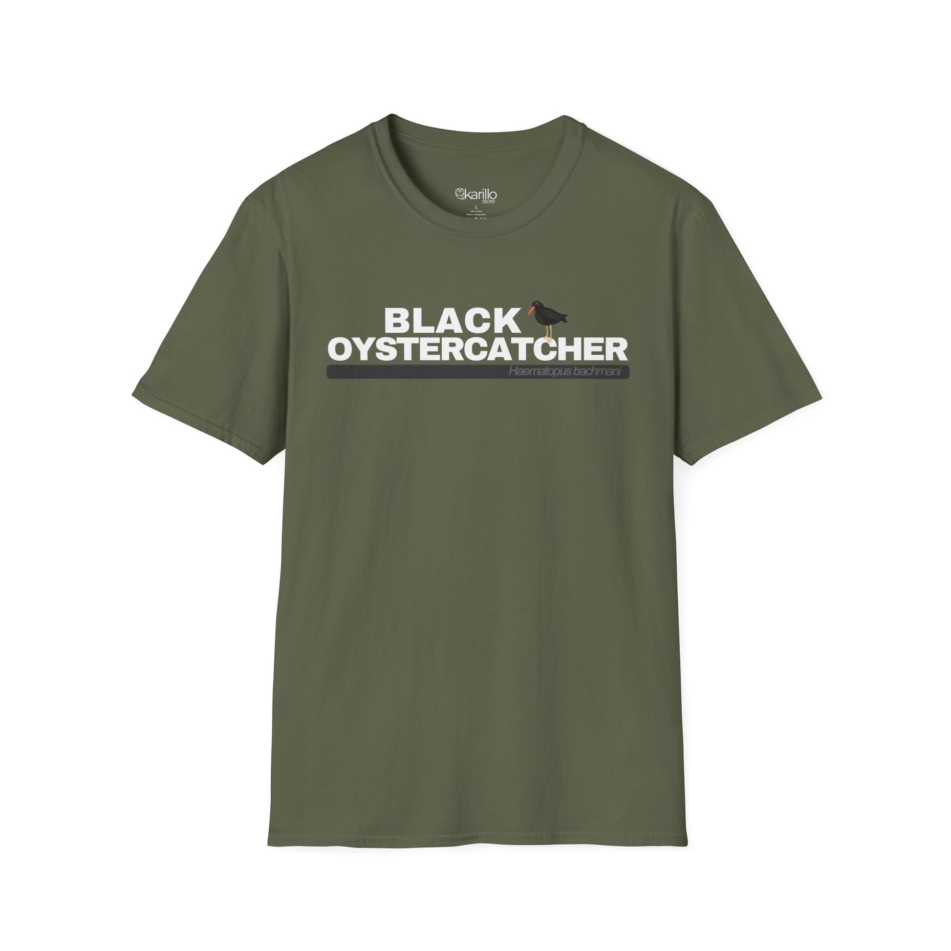 Military green t-shirt with 'Black Oystercatcher' text and logo on a white background