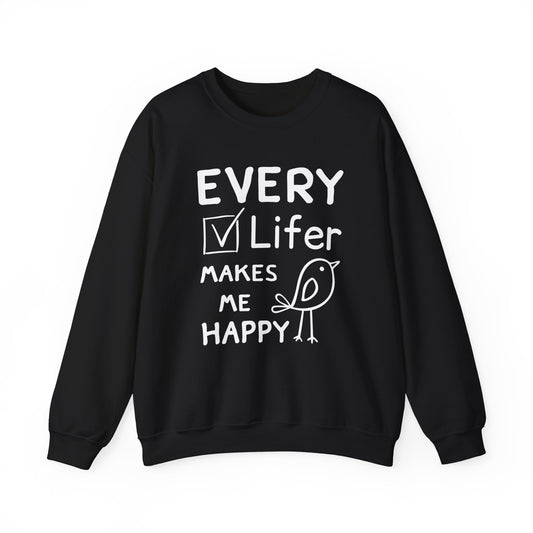 Black sweatshirt with "every lifer makes me happy" text and a bird graphic on a white background"