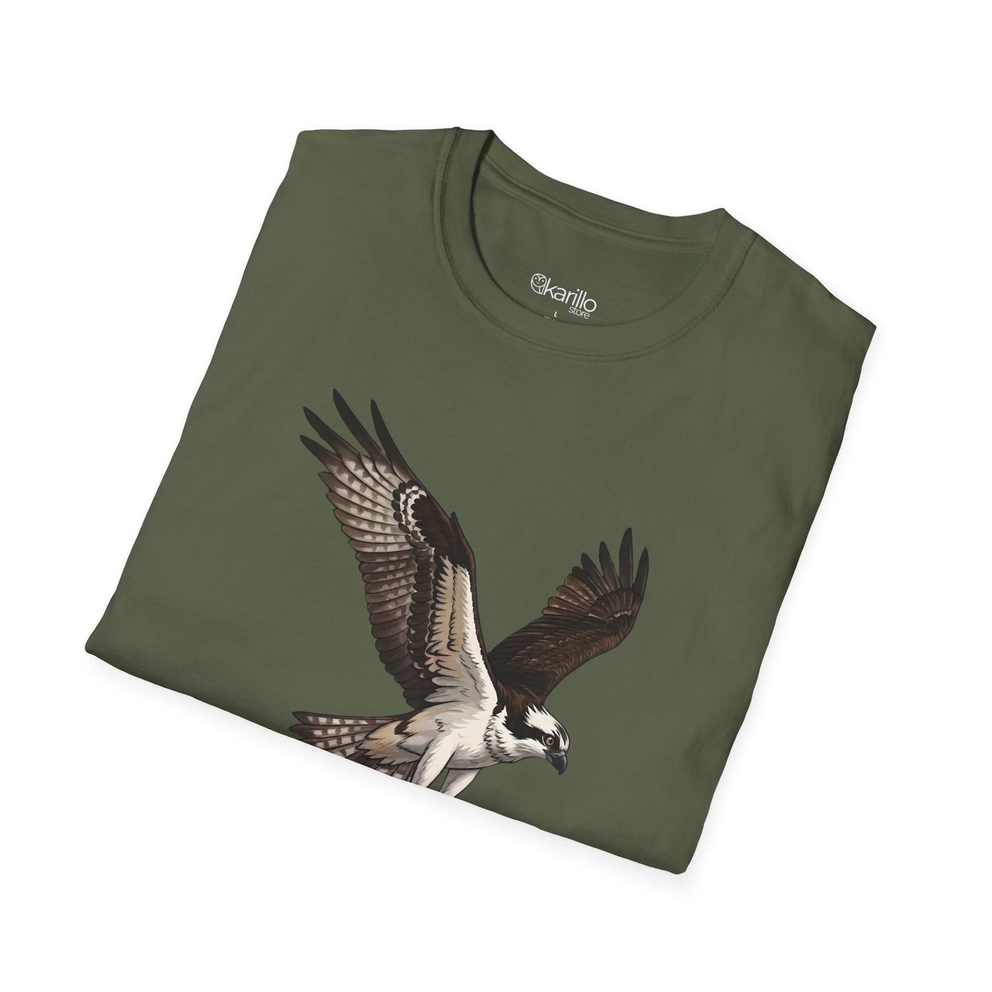 Folded Military green t-shirt with an osprey graphic and 'Osprey' text on a white background