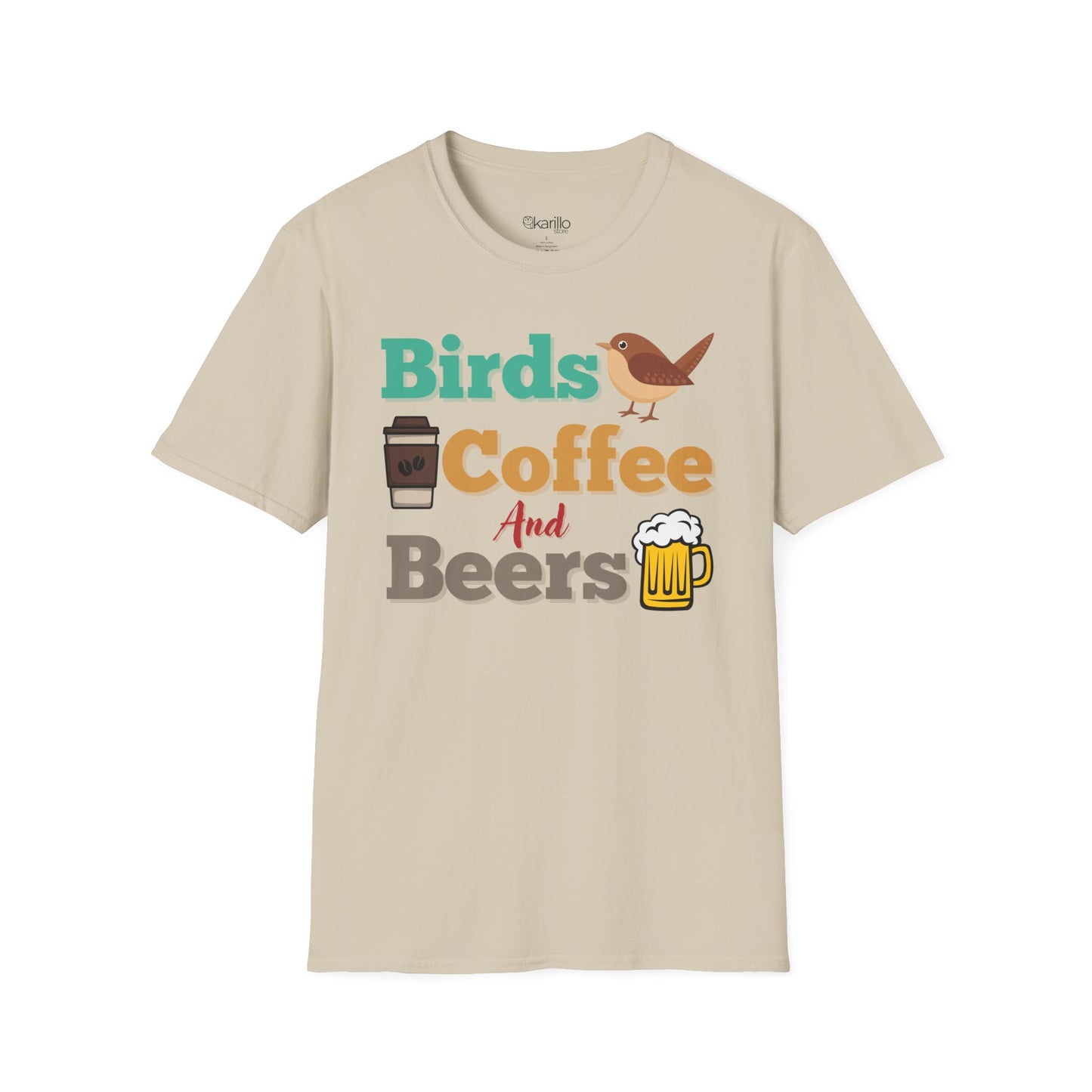 Front view of Birds Coffee and Beers Unisex T-Shirt sand color Graphic Tee for Birdwatchers