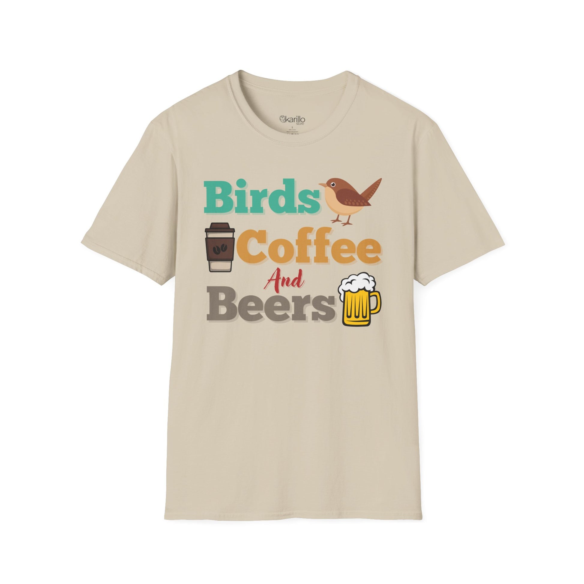 Front view of Birds Coffee and Beers Unisex T-Shirt sand color Graphic Tee for Birdwatchers