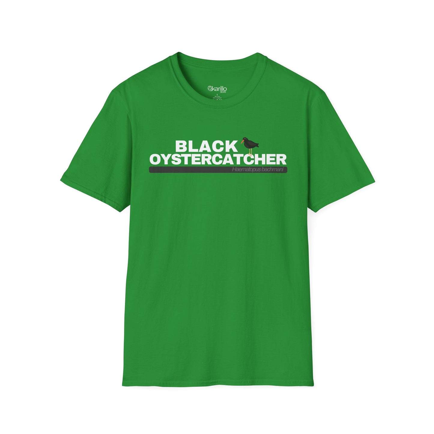 Green t-shirt with 'Black Oystercatcher' text on a white background