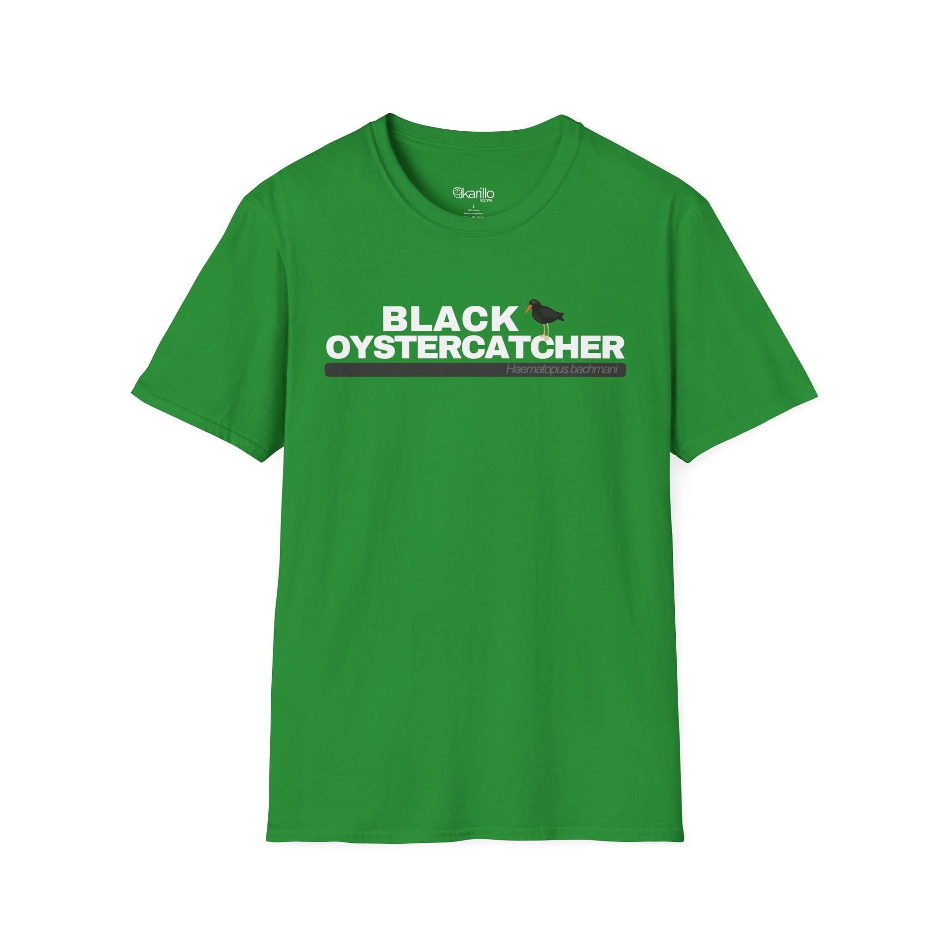 Green t-shirt with 'Black Oystercatcher' text on a white background