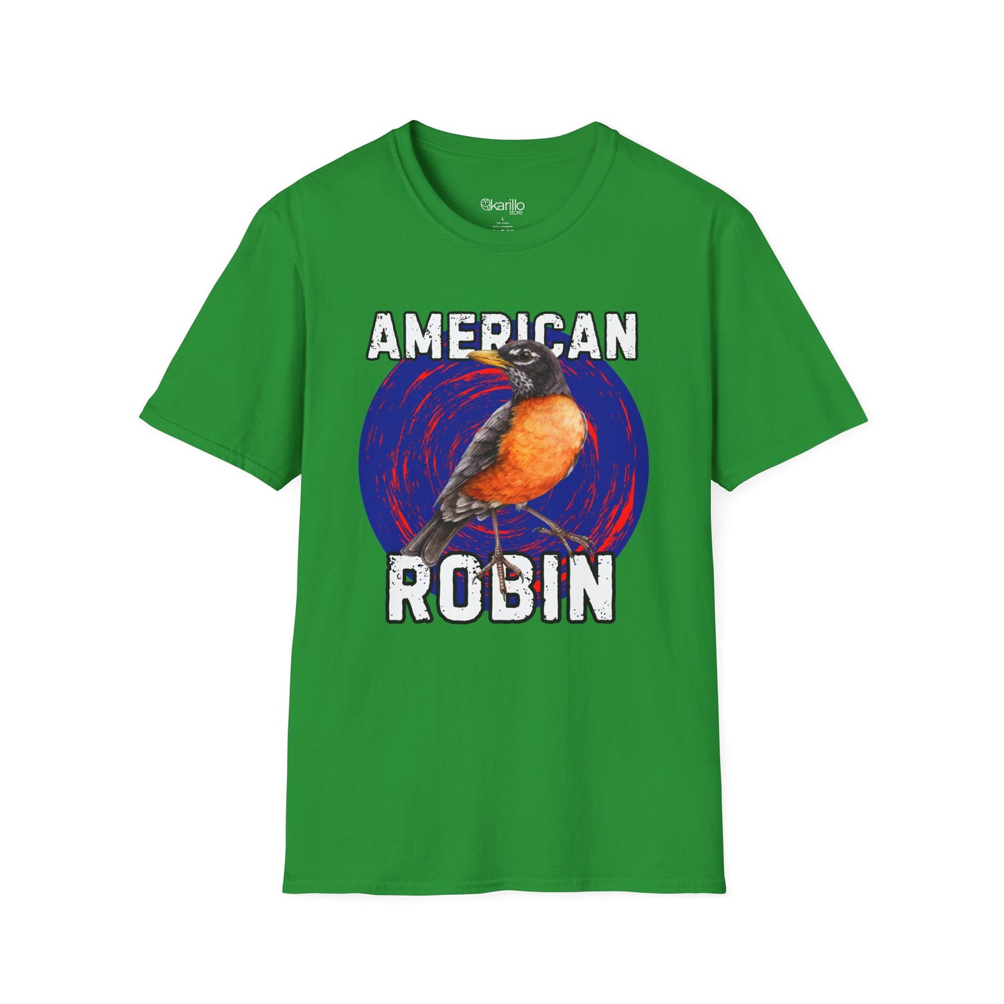 Green t-shirt with an American Robin graphic and text on a white background