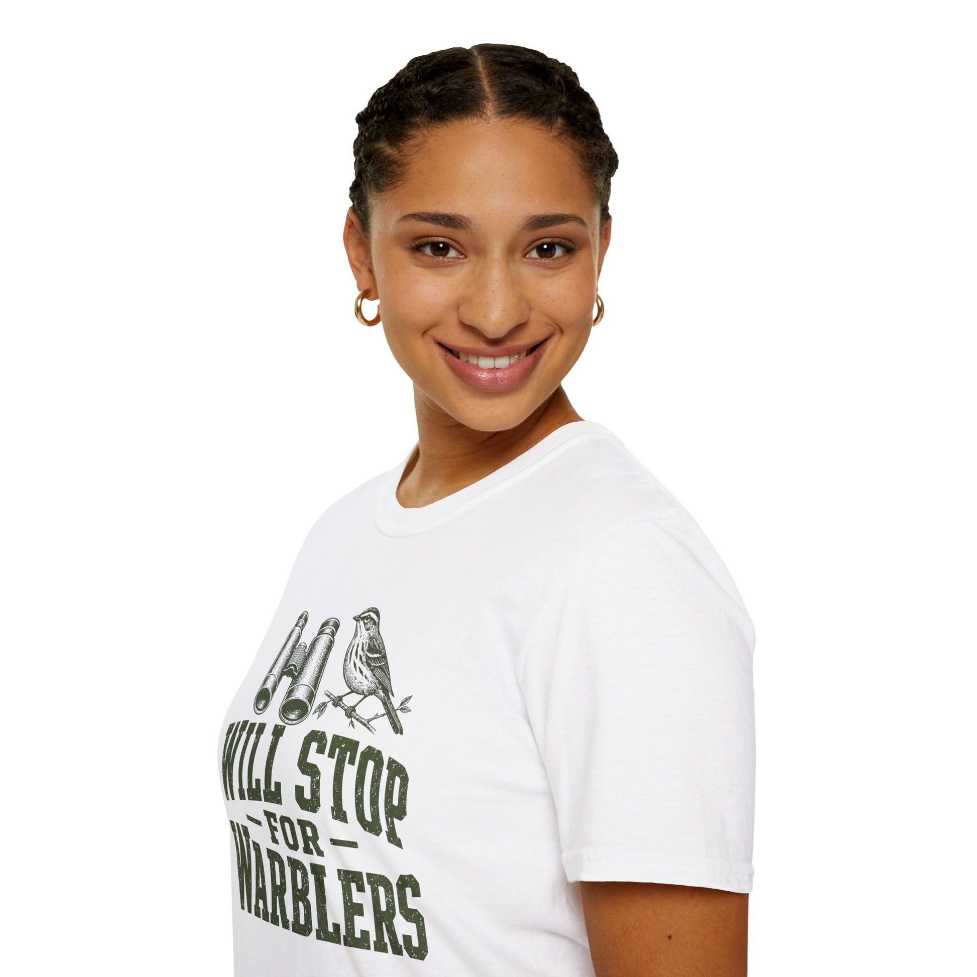 Girl wearing white t-shirt with funny bird-themed graphic and text on a white background
