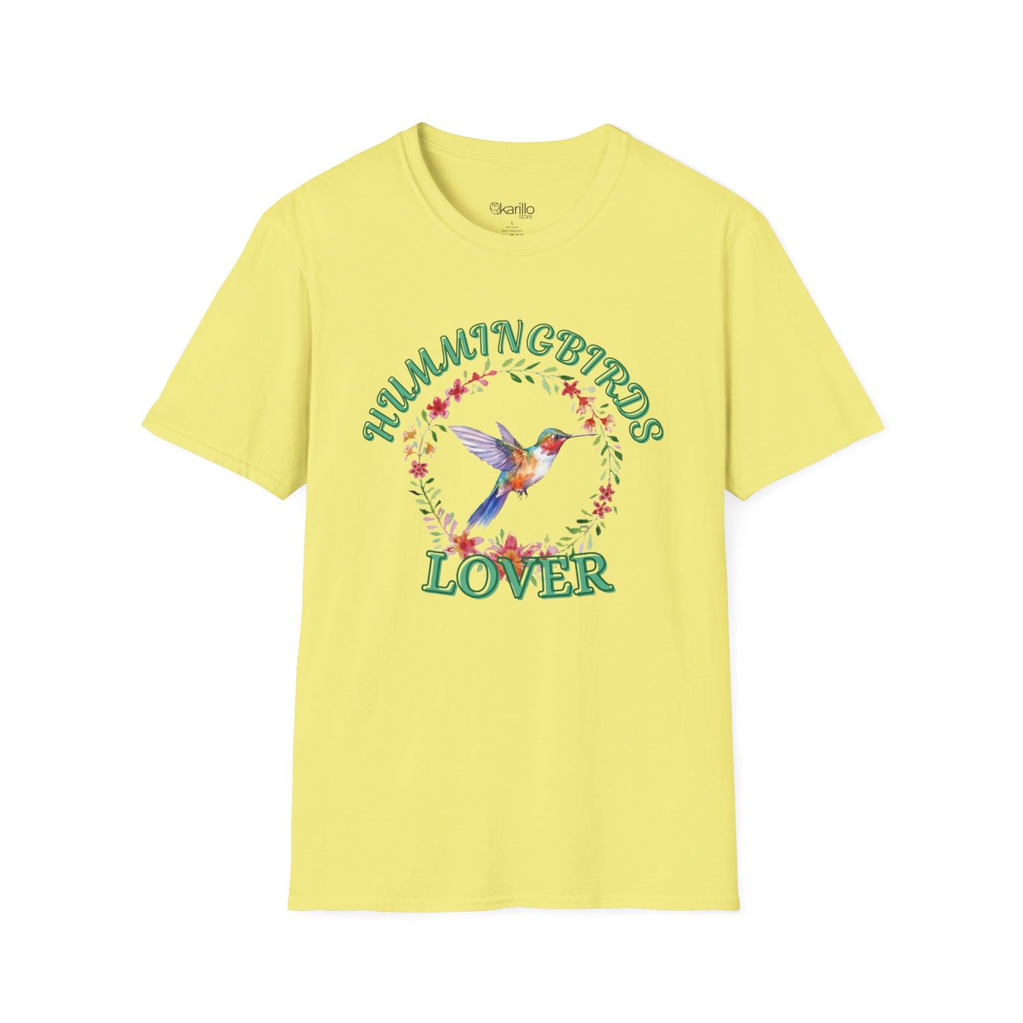 front view cornsilk t-shirt with hummingbird design and text on a white background