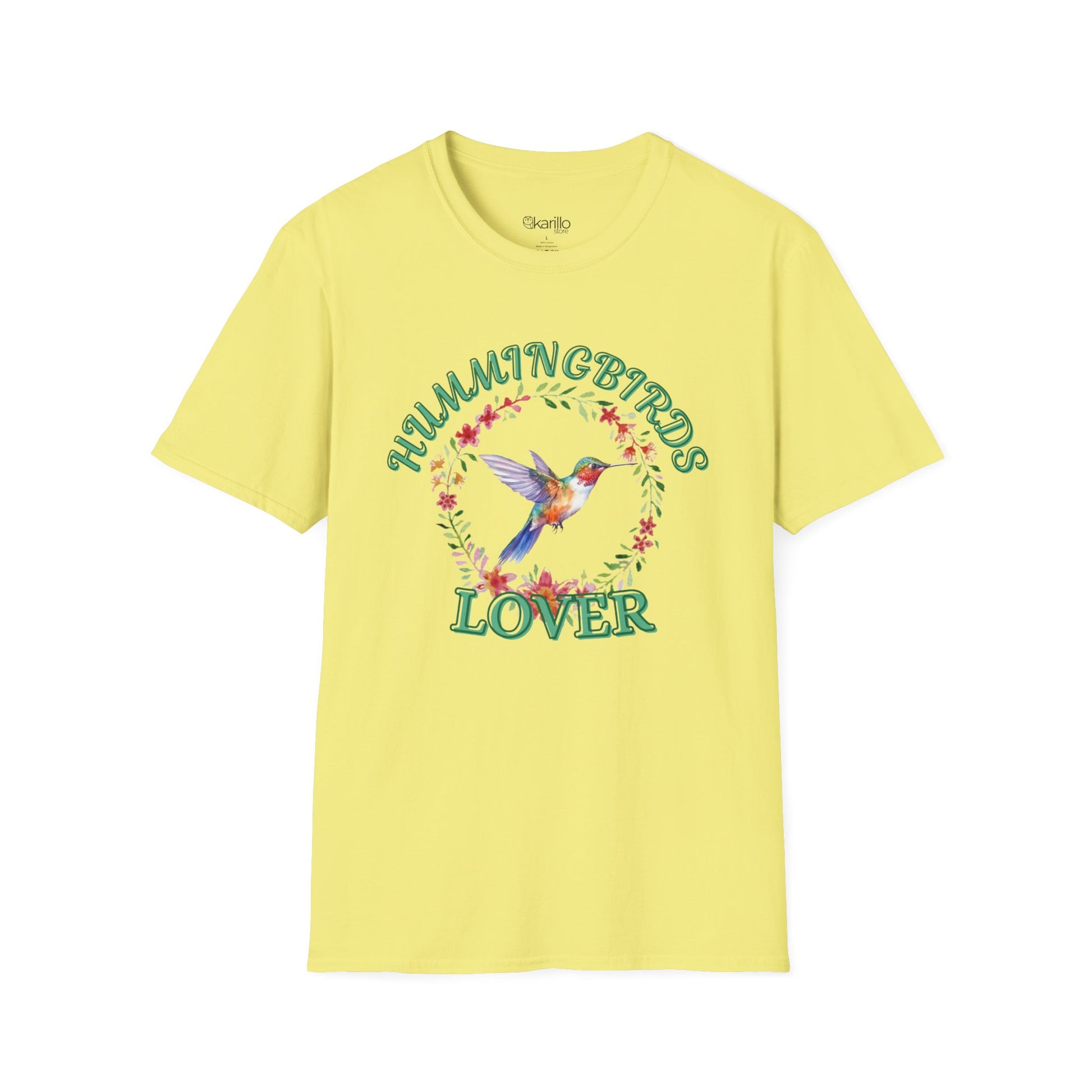 front view cornsilk t-shirt with hummingbird design and text on a white background