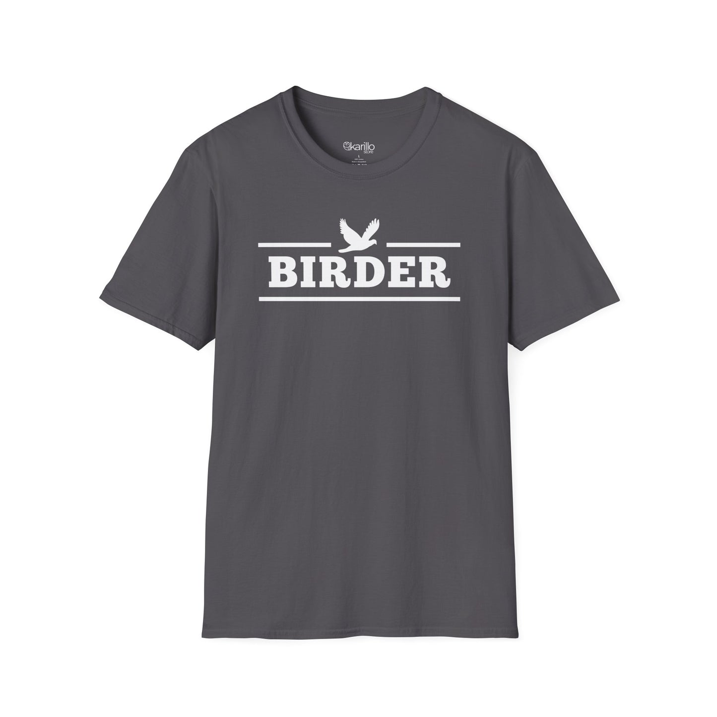 Gray Birder T-shirt with white birdwatching graphic, retro collegiate style birding apparel for men and women.