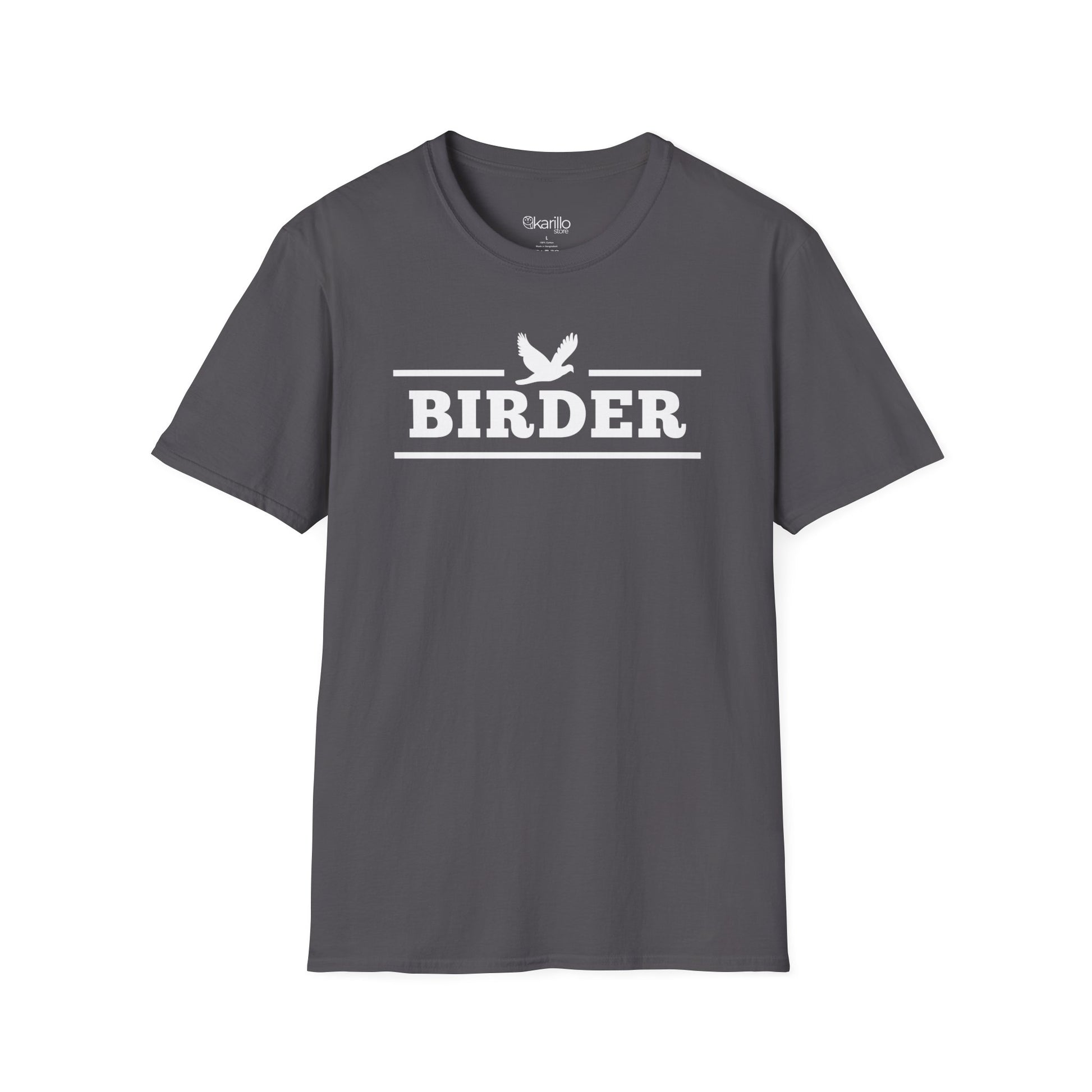 Gray Birder T-shirt with white birdwatching graphic, retro collegiate style birding apparel for men and women.