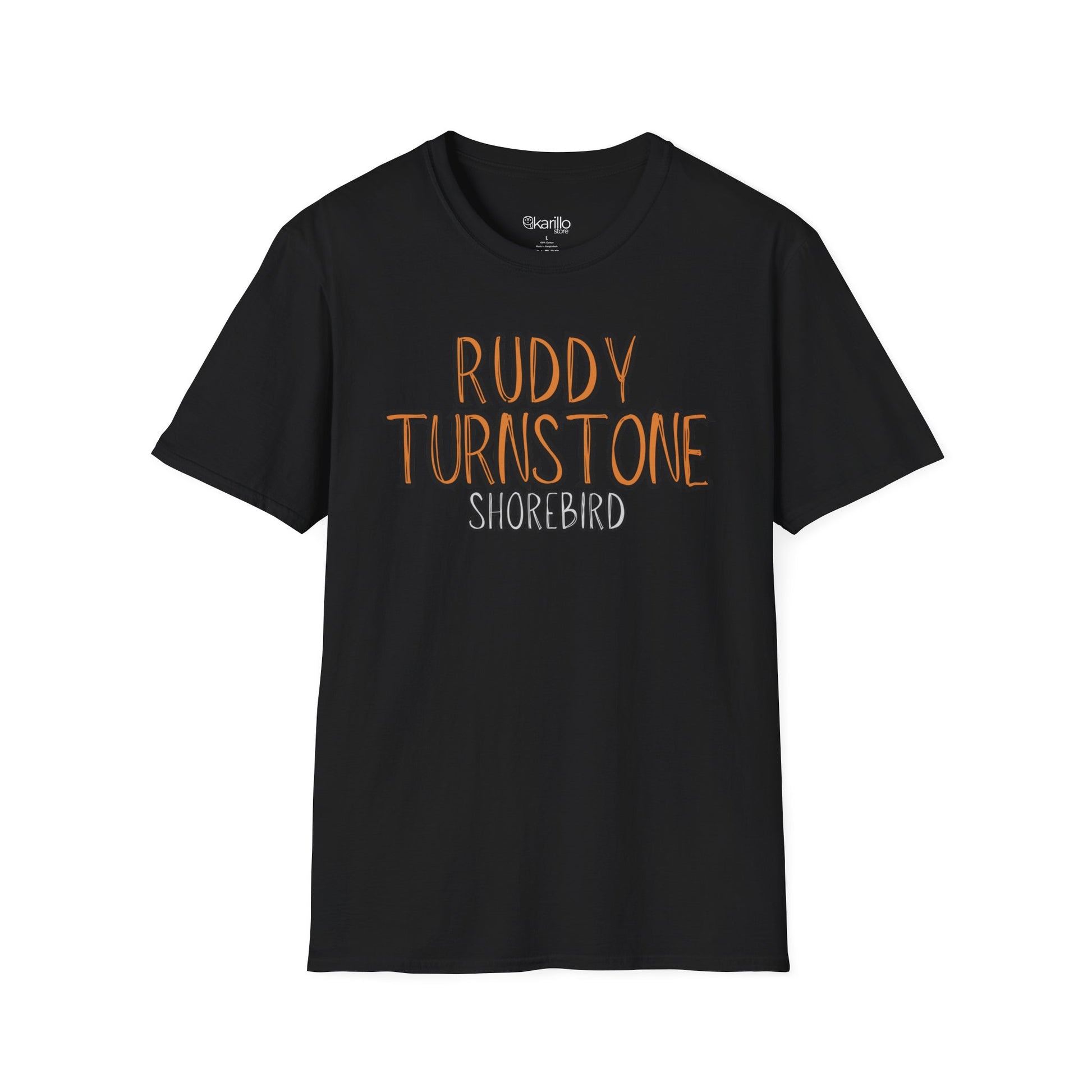 Black t-shirt with 'Ruddy Turnstone Shorebird' text on a white background