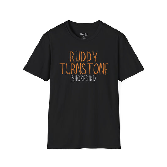Black t-shirt with 'Ruddy Turnstone Shorebird' text on a white background