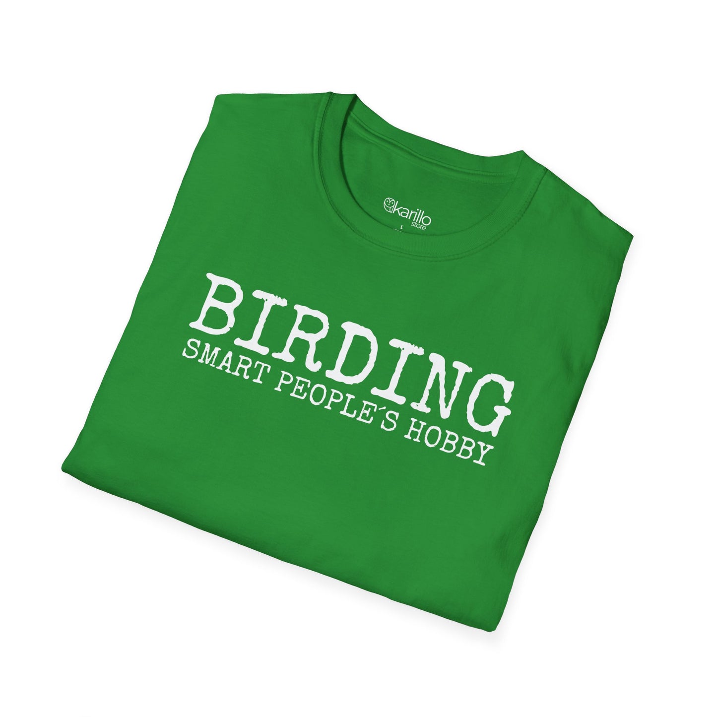 Folded view of green t-shirt with 'BIRDING SMART PEOPLE'S HOBBY' text on a white background