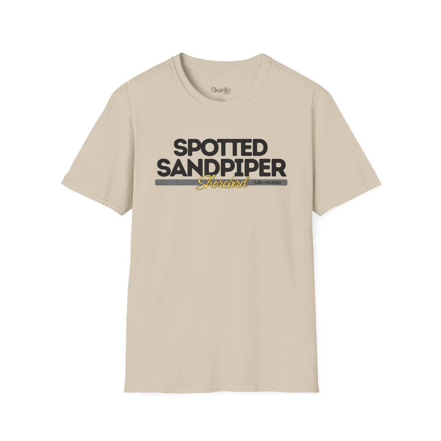 Front view of sand color t-shirt with 'Spotted Sandpiper' text on a white background