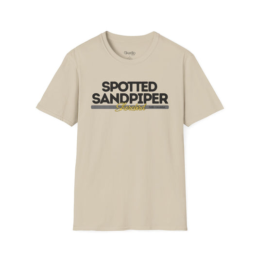 Front view of sand color t-shirt with 'Spotted Sandpiper' text on a white background