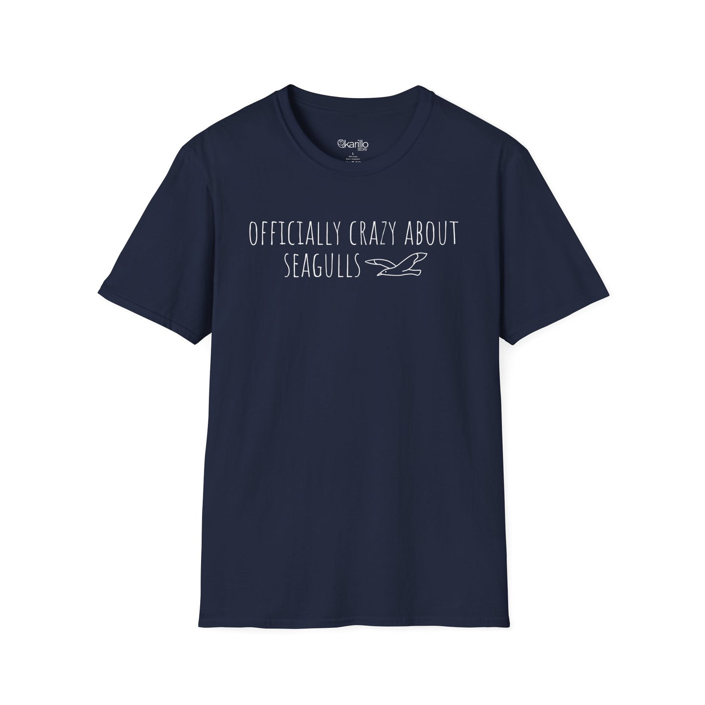 Front side navy blue t-shirt with text 'Officially crazy about seagulls' on a white background