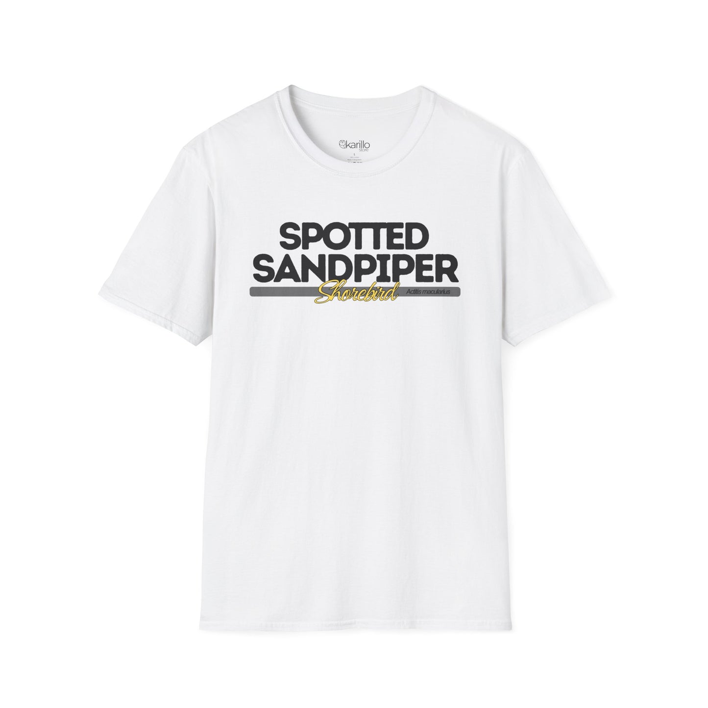 Front view of white t-shirt with 'Spotted Sandpiper' text on a white background