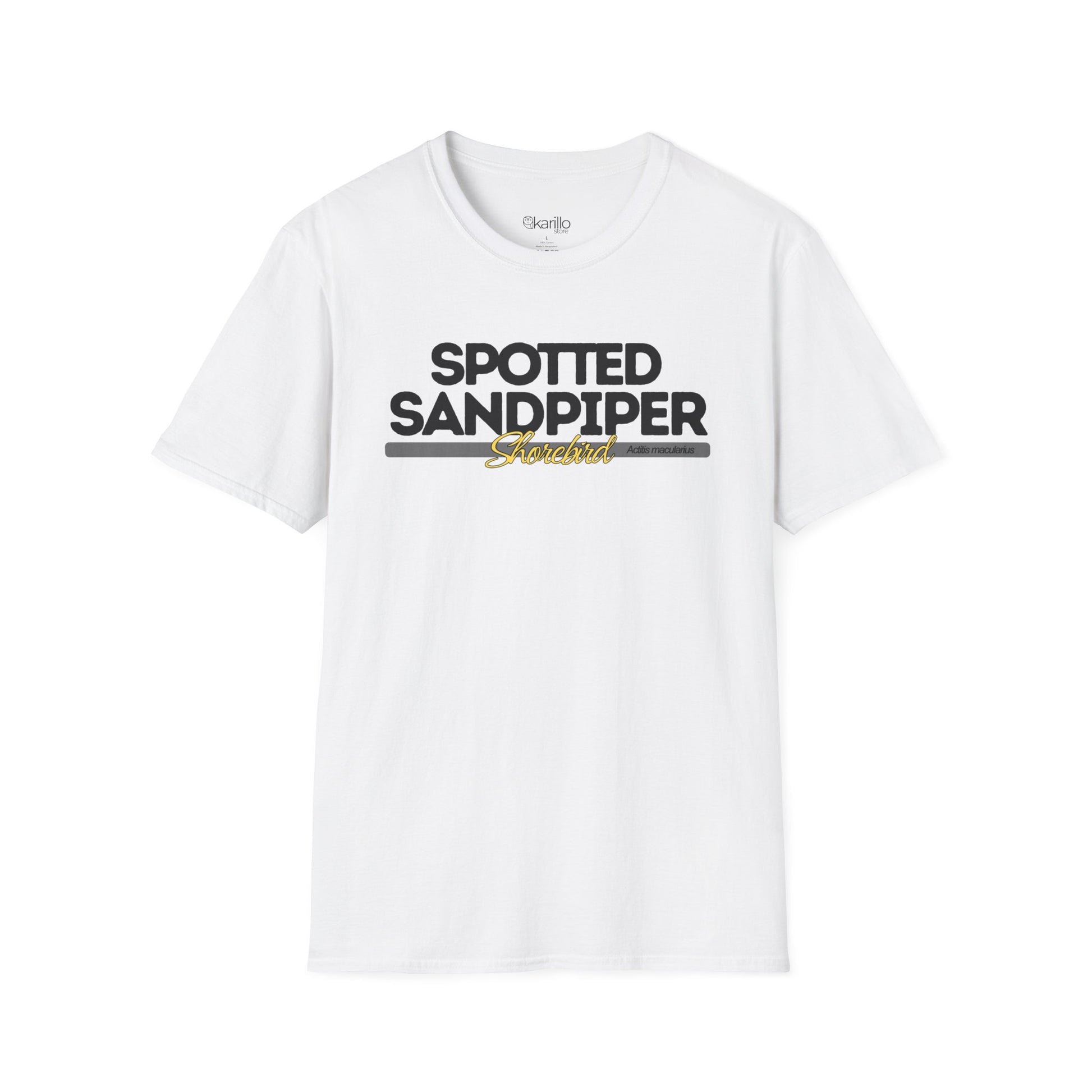 Front view of white t-shirt with 'Spotted Sandpiper' text on a white background