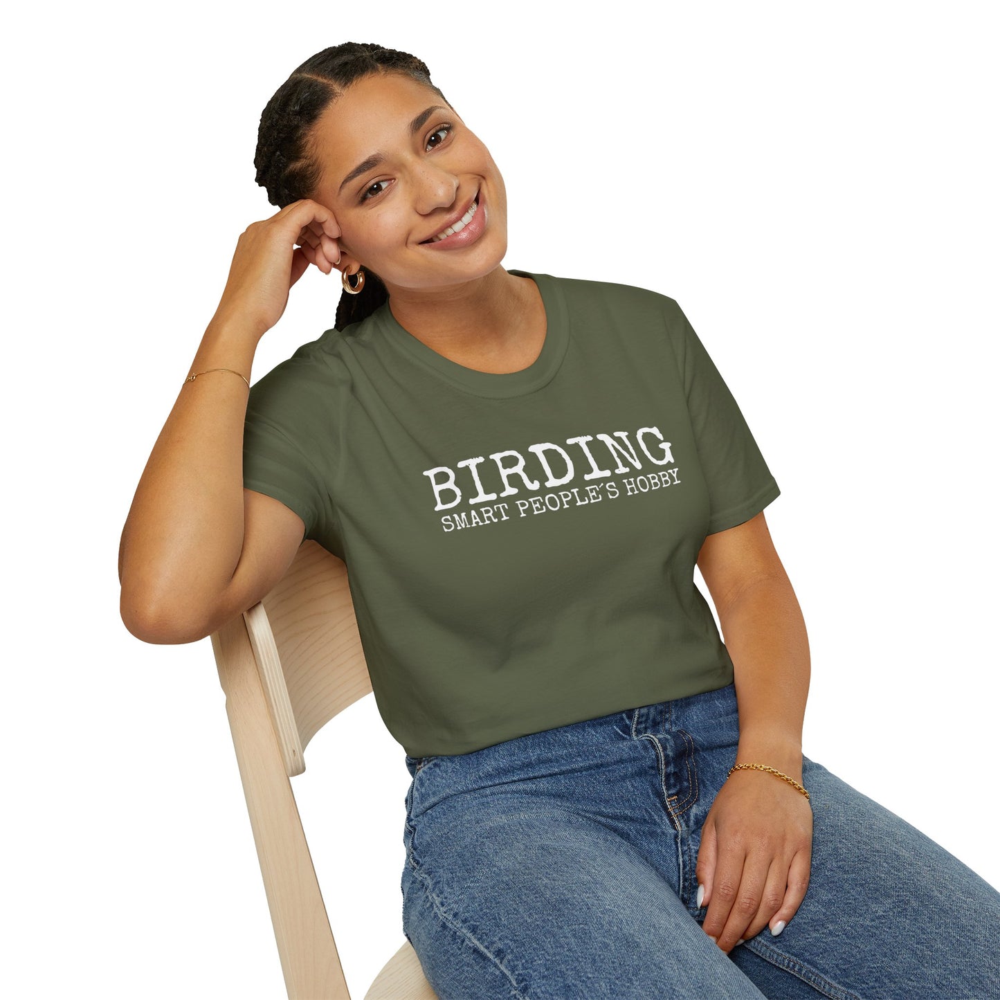 girl wearing military green t-shirt with 'BIRDING SMART PEOPLE'S HOBBY' text on a white background