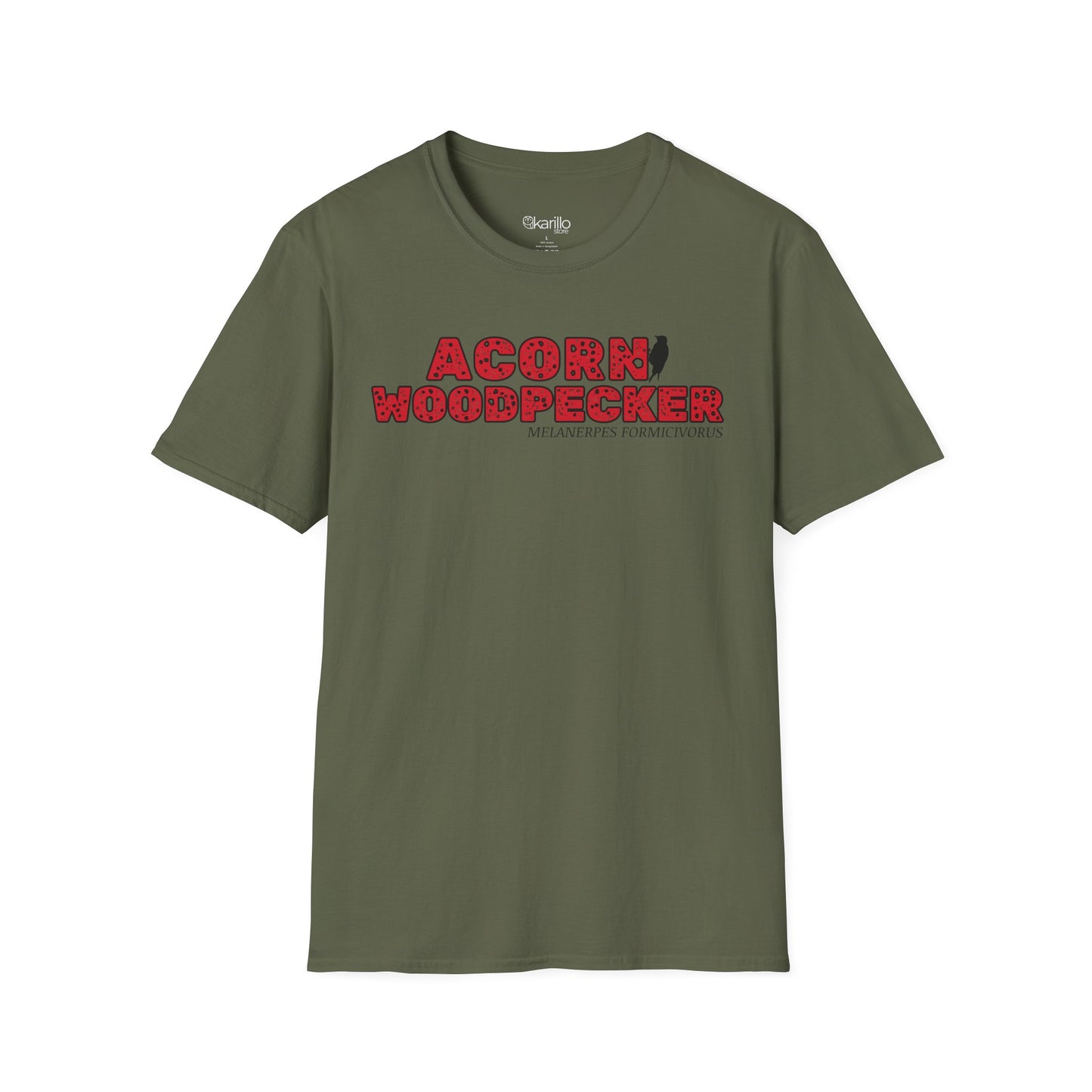 Military green t-shirt with "acorn woodpecker bird" text on a white background
