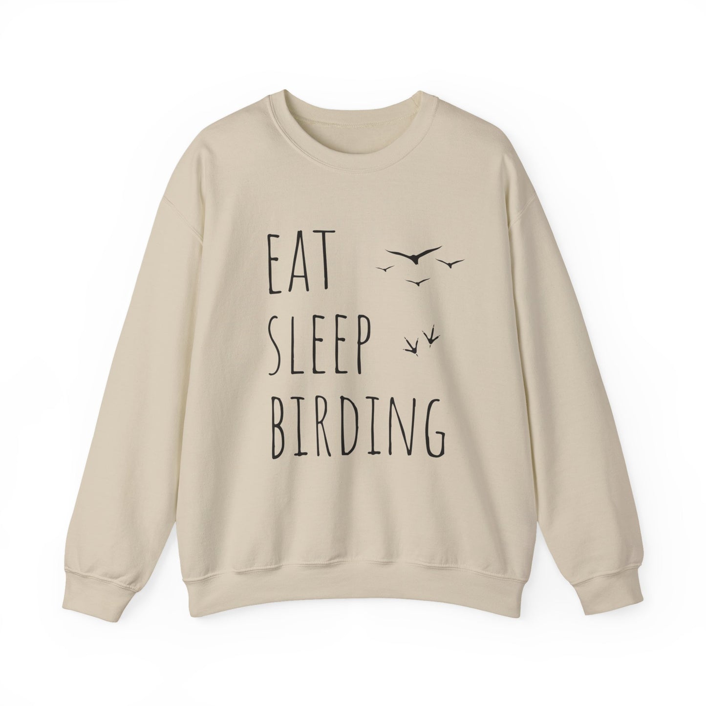 Beige sweatshirt with 'Eat Sleep Birding' text on a white background