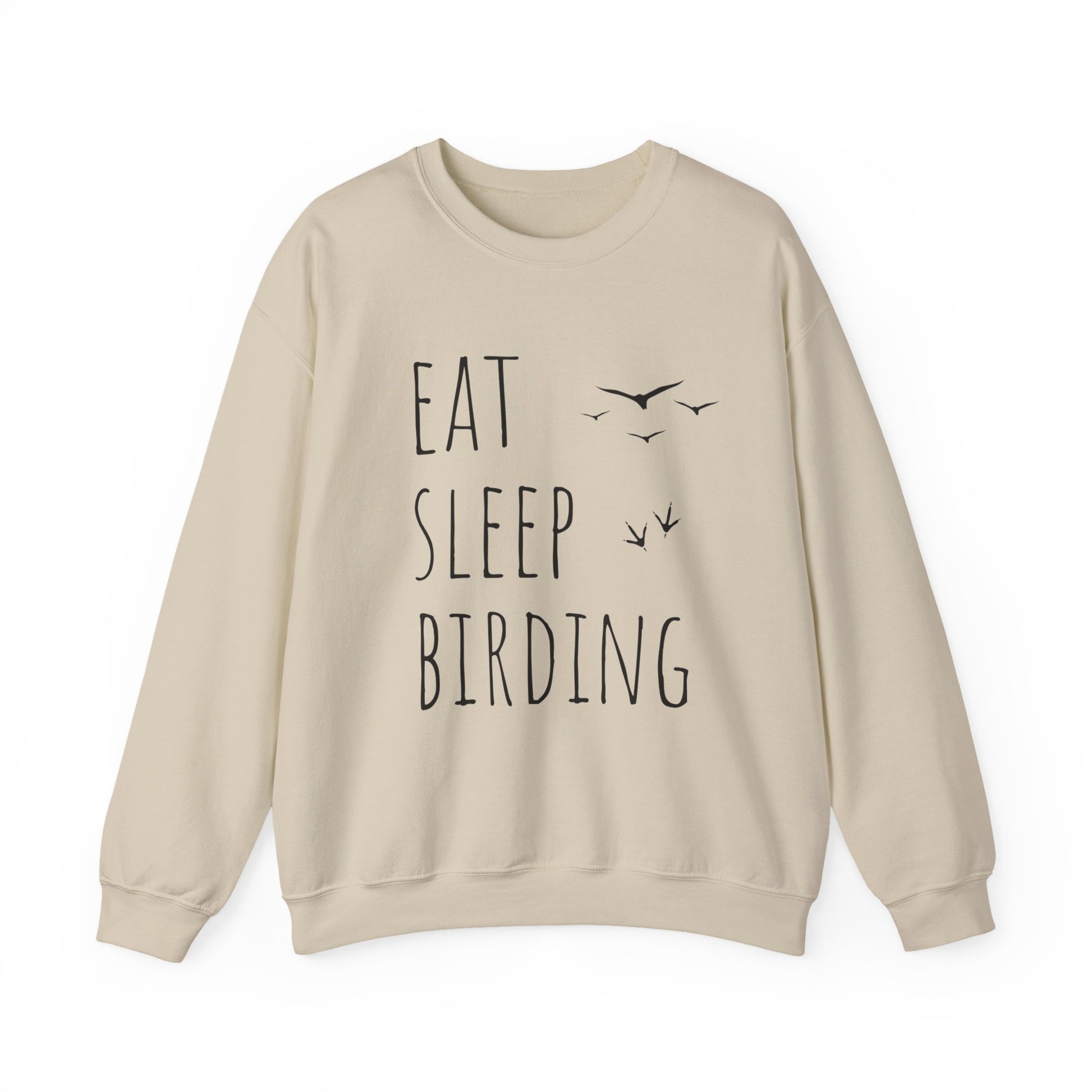 Beige sweatshirt with 'Eat Sleep Birding' text on a white background