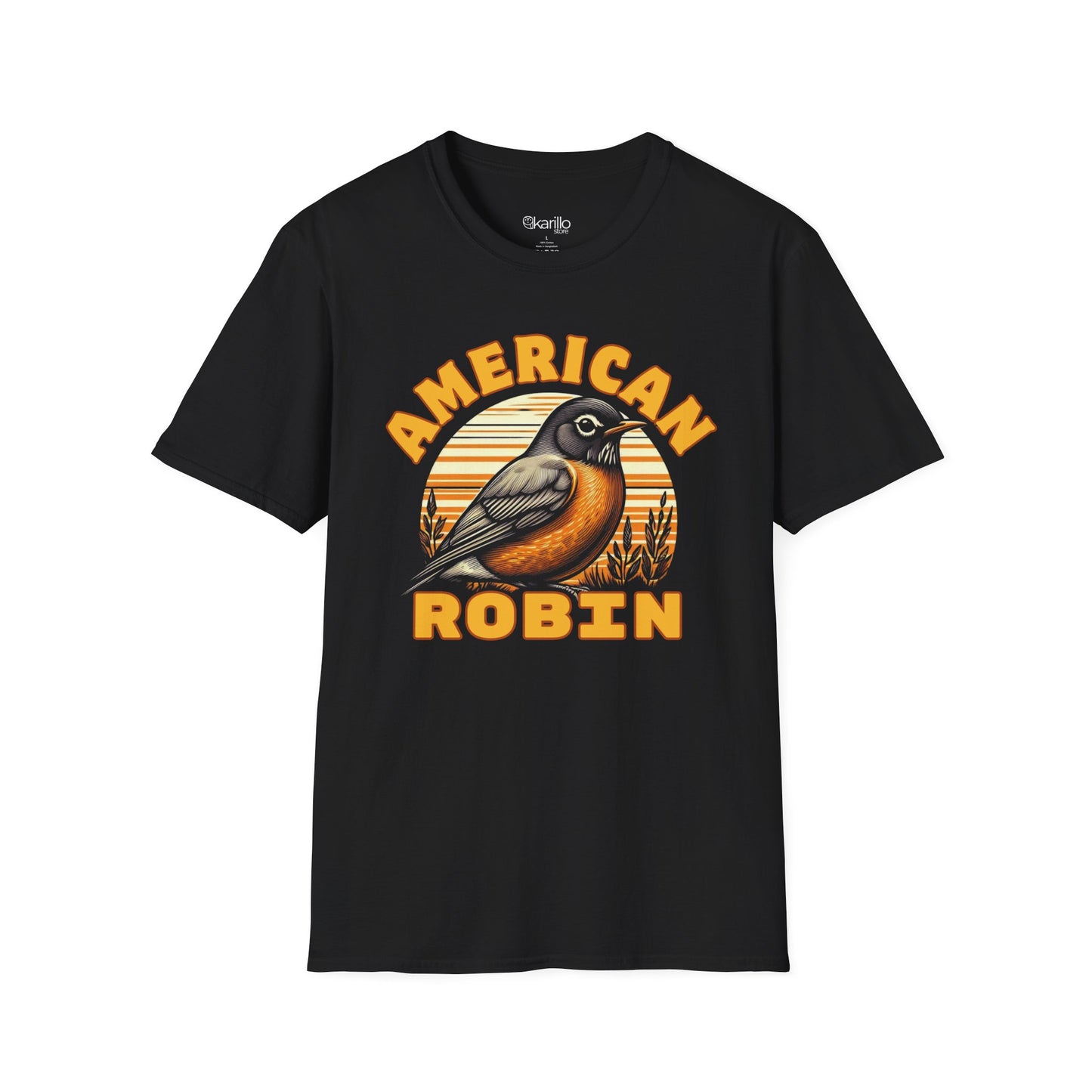 Black t-shirt with 'American Robin' graphic design on a white background