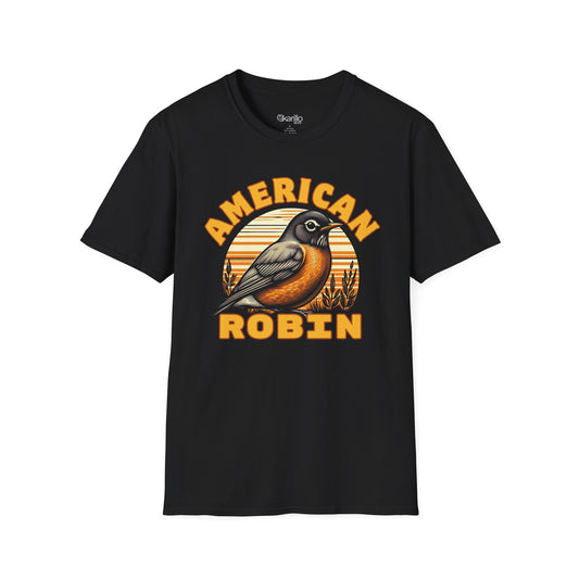 Black t-shirt with 'American Robin' graphic design on a white background