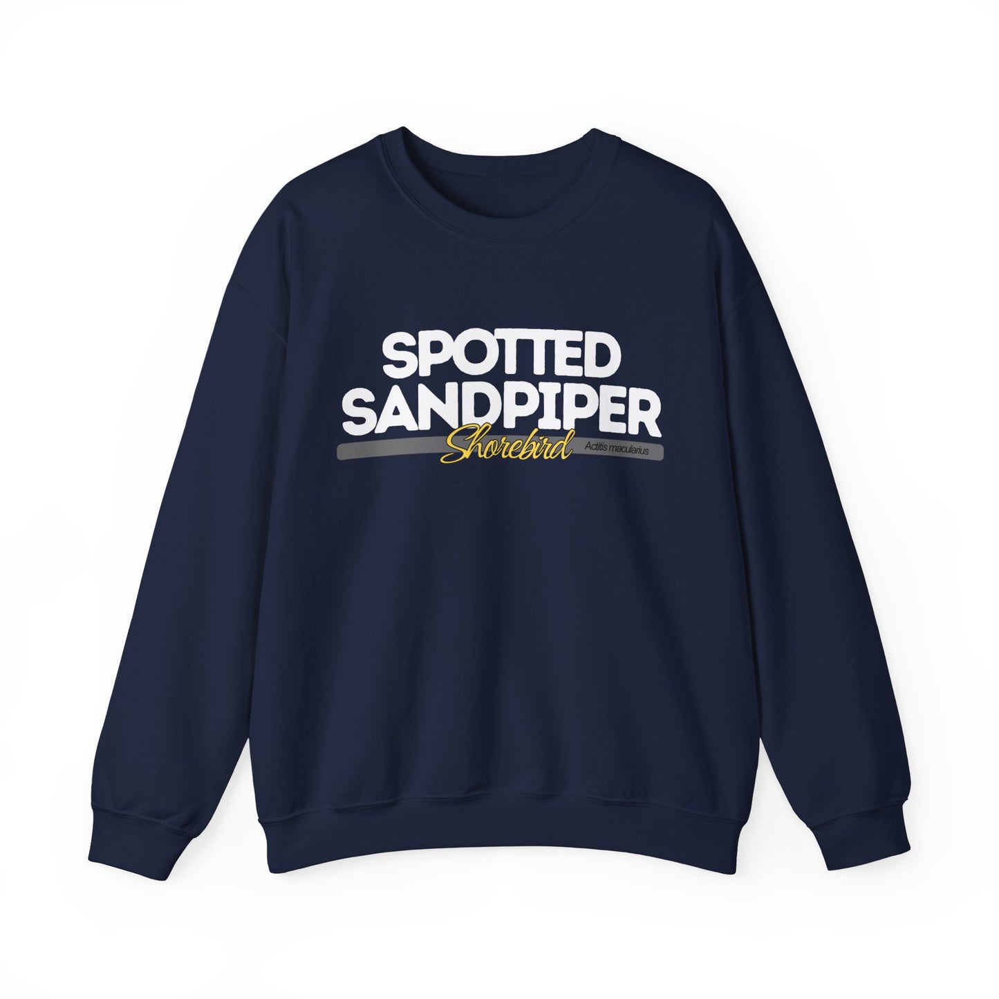 Navy blue sweatshirt with 'Spotted Sandpiper' text on a white background