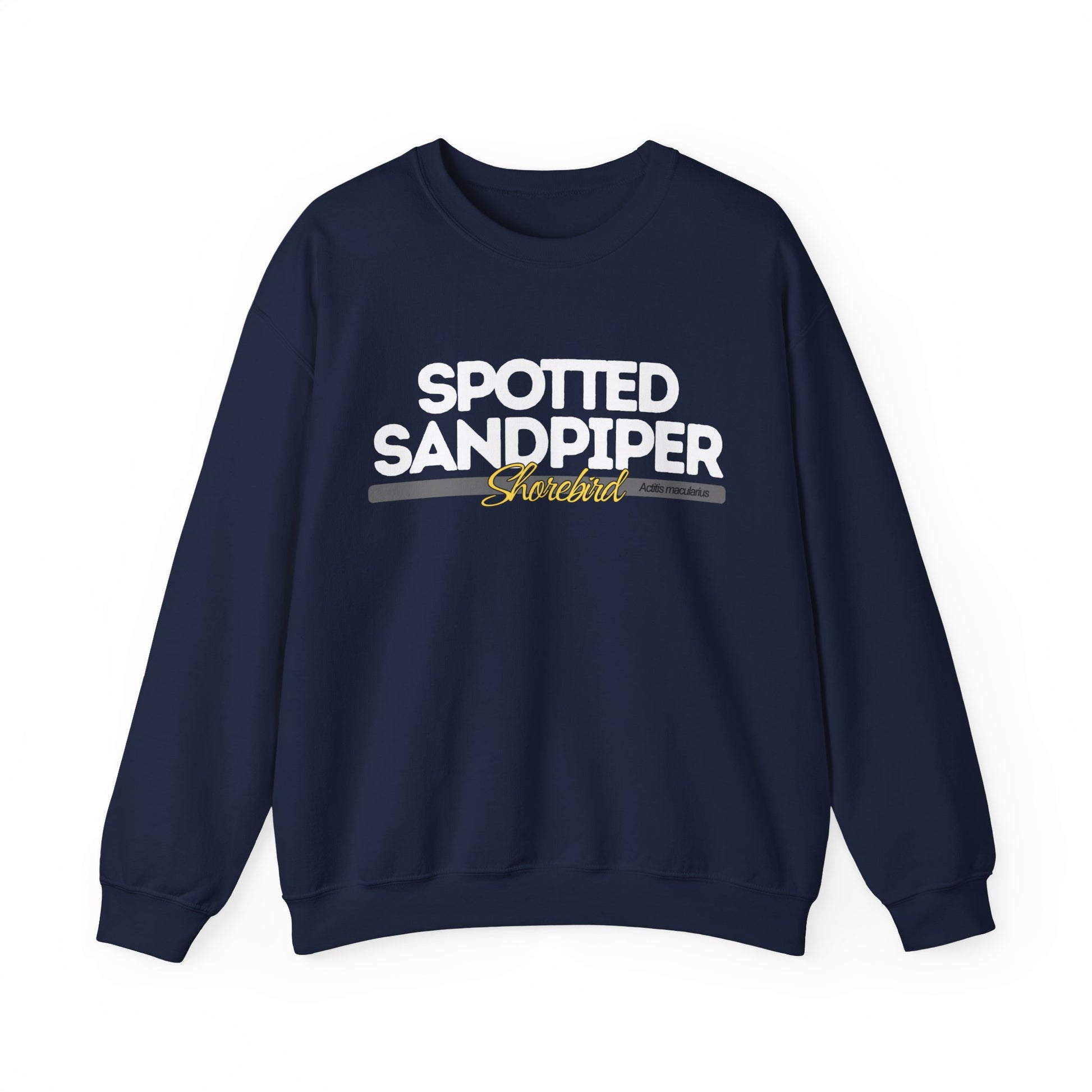 Navy blue sweatshirt with 'Spotted Sandpiper' text on a white background