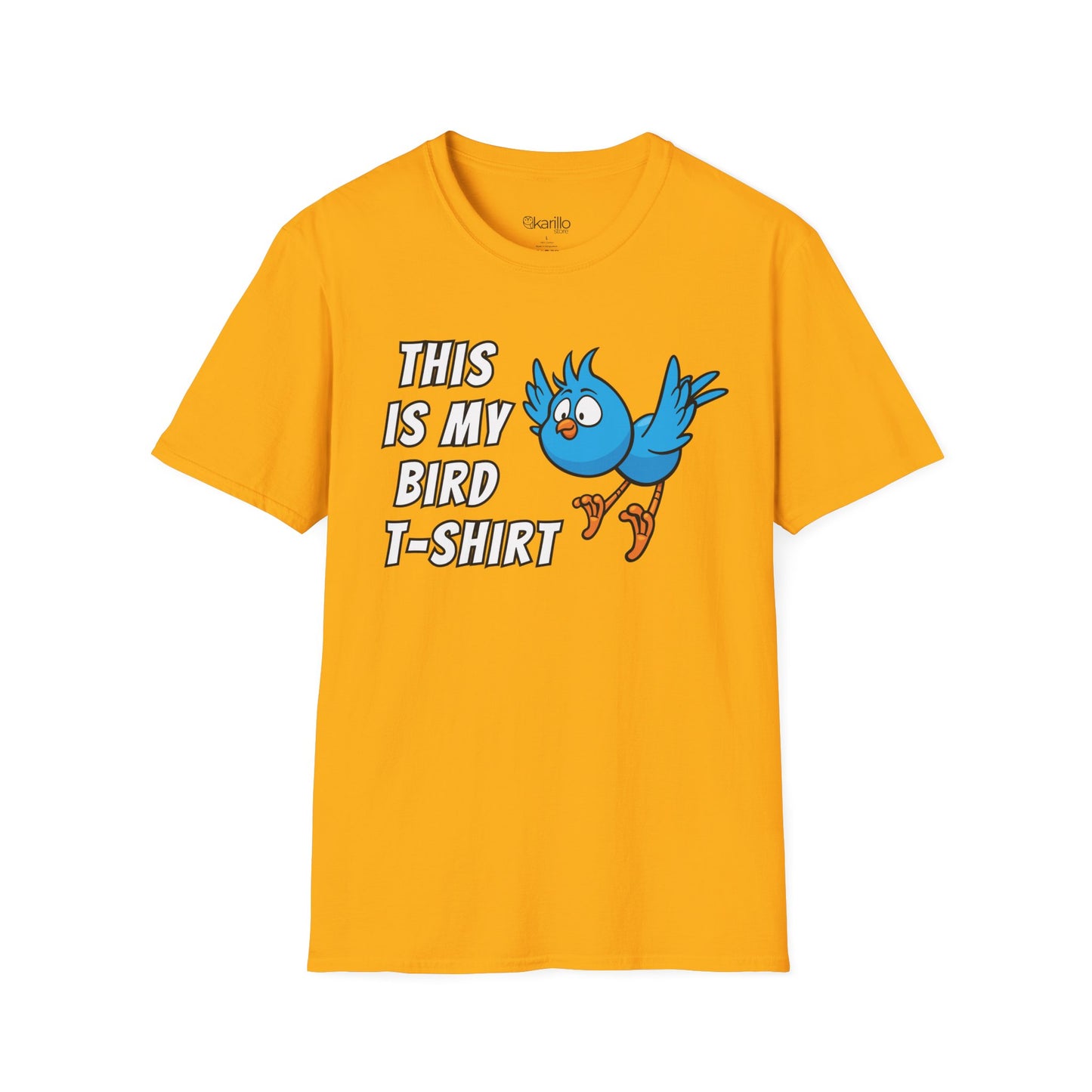 Yellow t-shirt with text "this is my bird t-shirt" with blue graphic bird on whithe background.