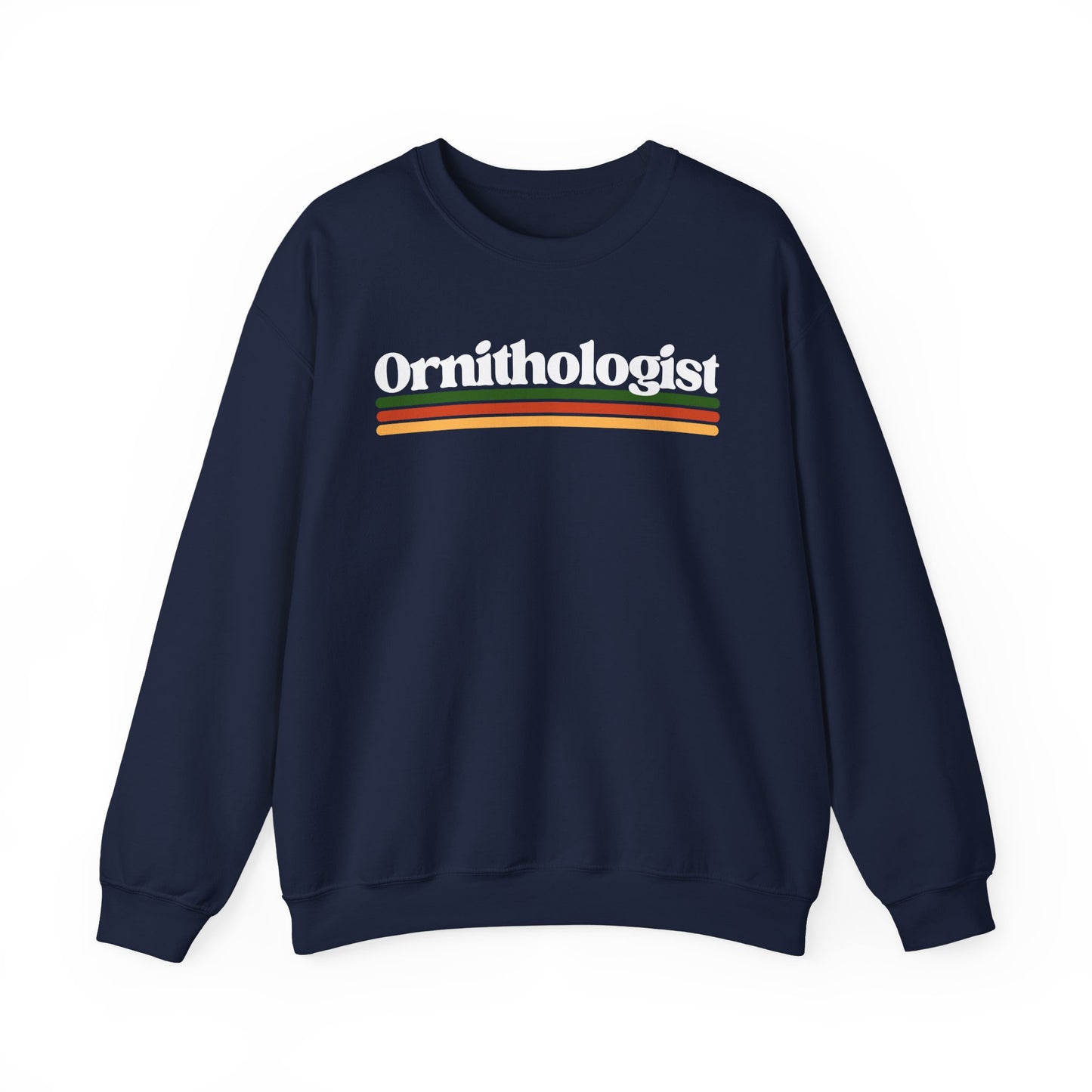 Navy blue sweatshirt with 'Ornithologist' text and colorful stripes on a white background