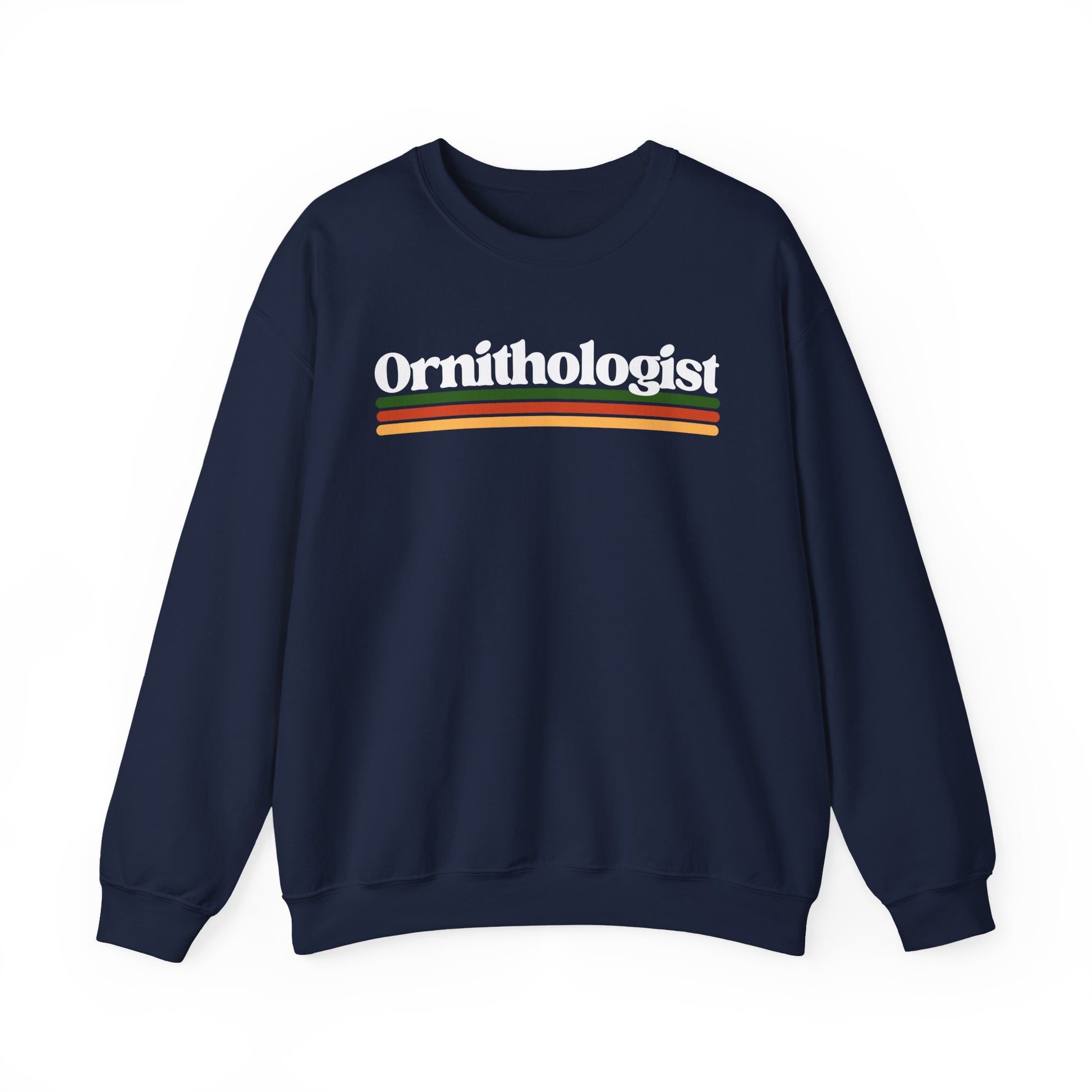 Navy blue sweatshirt with 'Ornithologist' text and colorful stripes on a white background